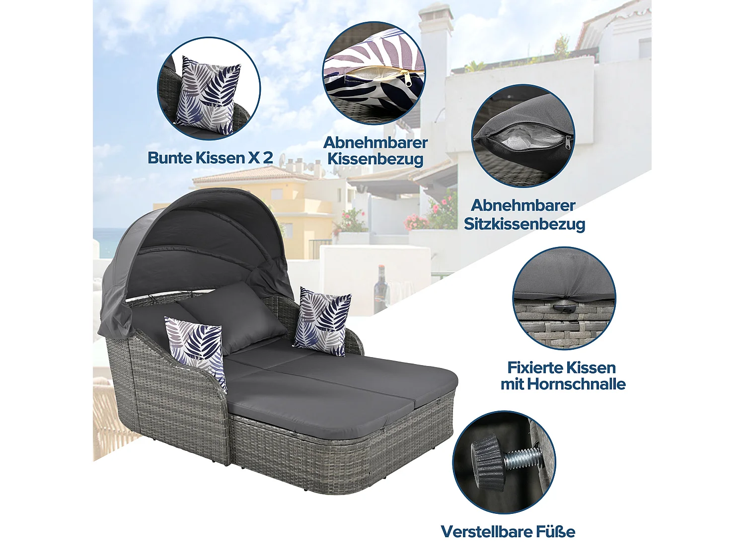 Sun island, salon de jardin, salon double, avec auvent réglable, avec 4 coussins et housse de coussin amovible, gris