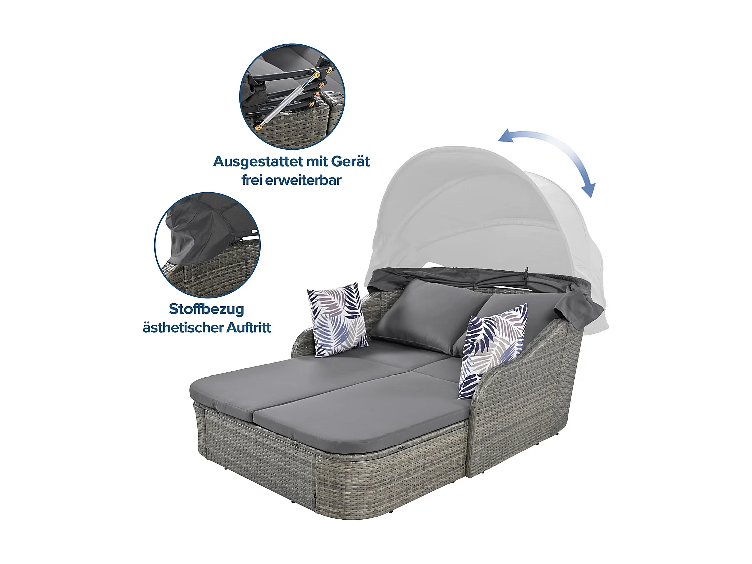 Sun island, salon de jardin, salon double, avec auvent réglable, avec 4 coussins et housse de coussin amovible, gris