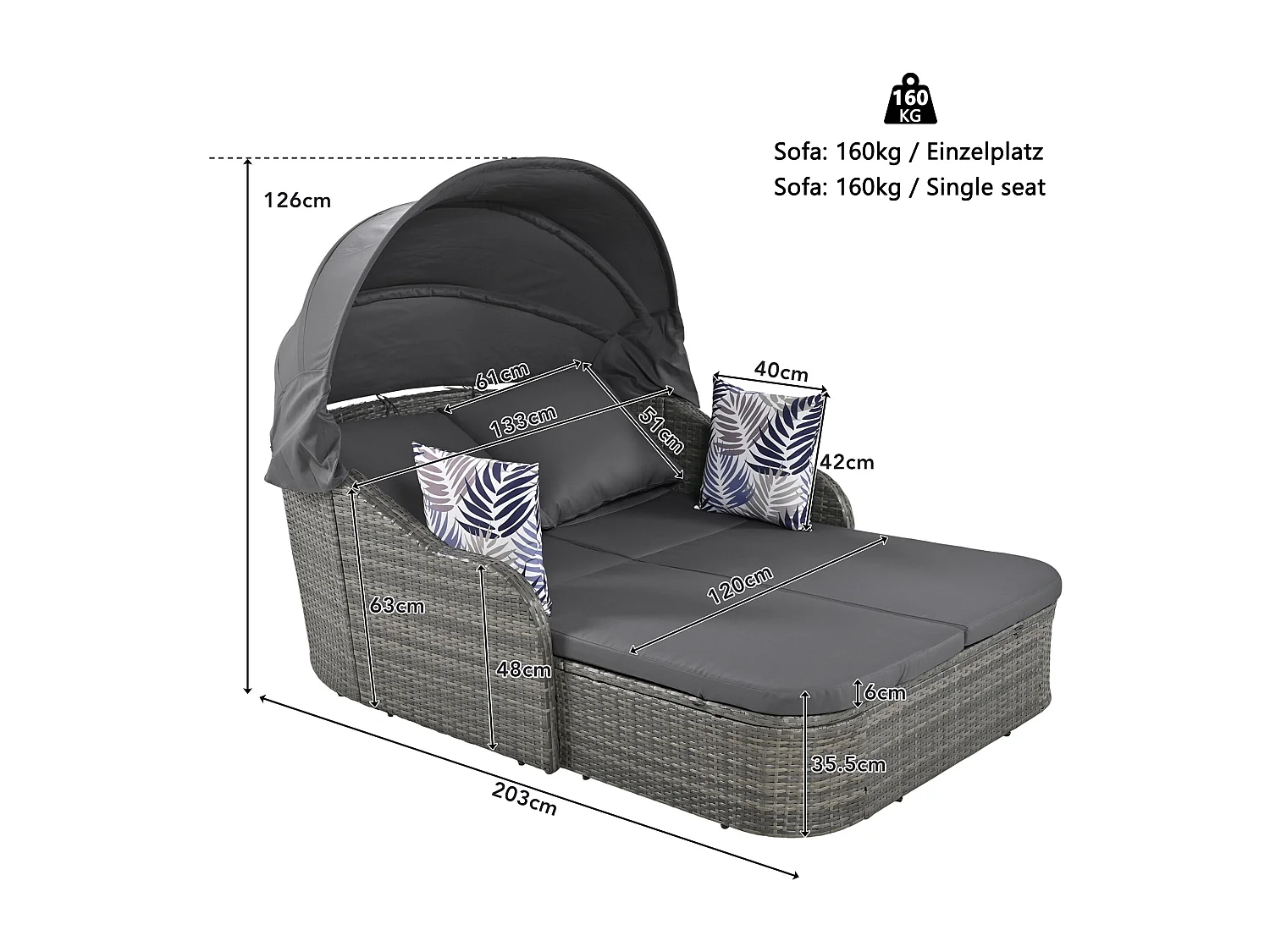 Sun island, salon de jardin, salon double, avec auvent réglable, avec 4 coussins et housse de coussin amovible, gris