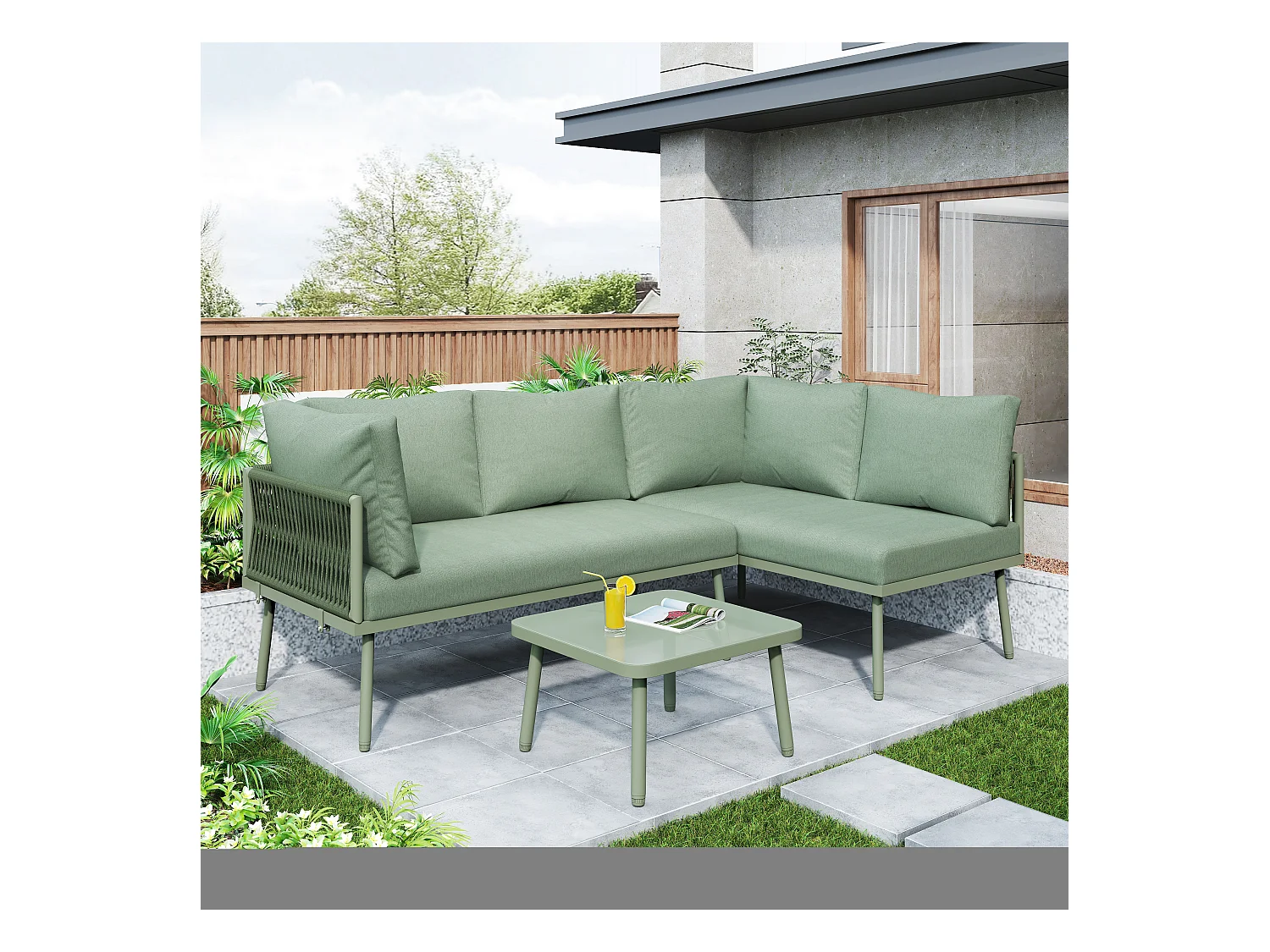 Tuin Lounge Set, L-vormige Tuinmeubelset, met Zitkussens, Verstelbare Poten, 2 Banken en 1 Tafel
