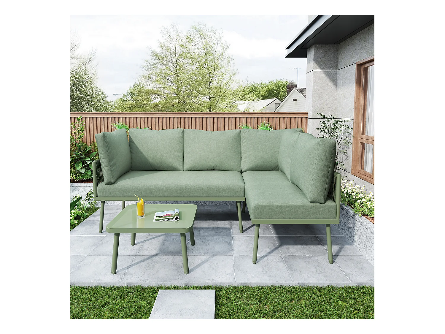Salon de jardin, ensemble de meubles de jardin en L, avec coussins d'assise, pieds réglables, 2 canapés et 1 table