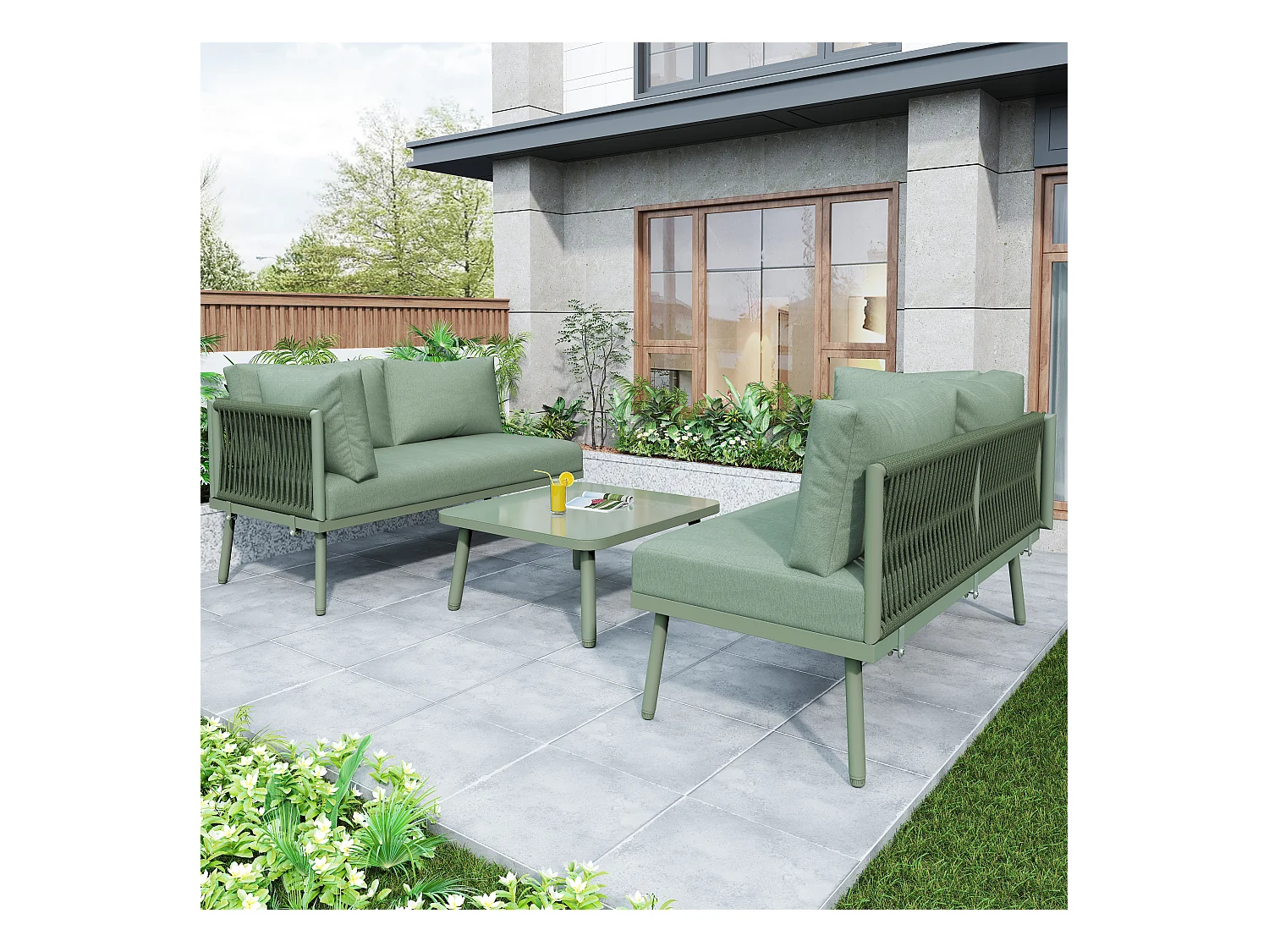 Salon de jardin, ensemble de meubles de jardin en L, avec coussins d'assise, pieds réglables, 2 canapés et 1 table