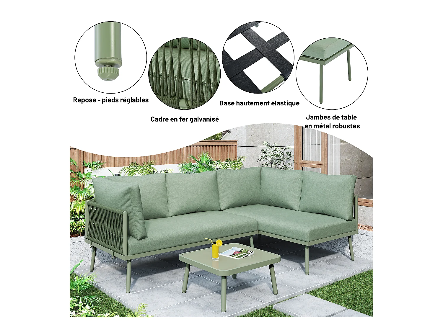 Salon de jardin, ensemble de meubles de jardin en L, avec coussins d'assise, pieds réglables, 2 canapés et 1 table