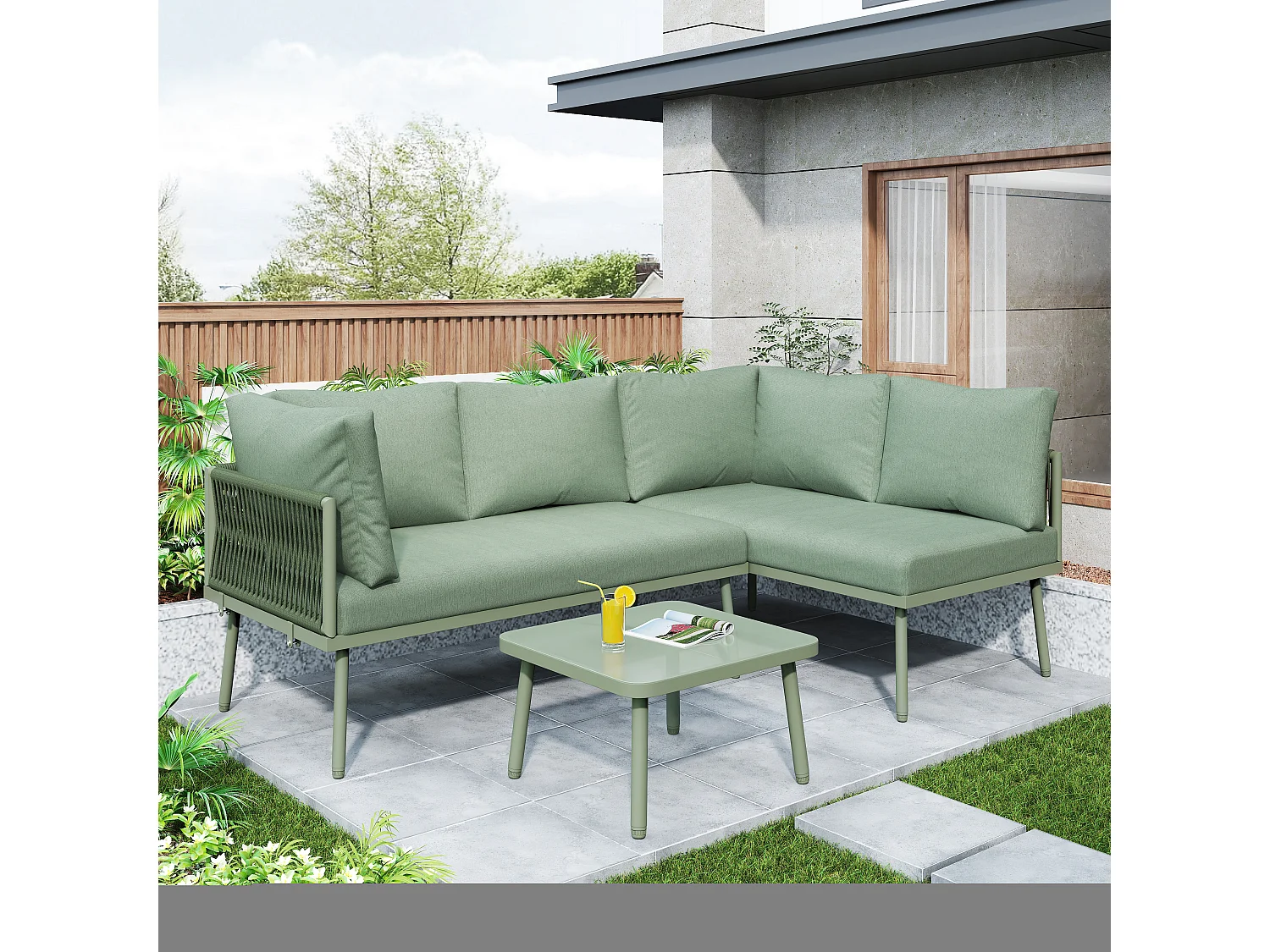 Tuin Lounge Set, L-vormige Tuinmeubelset, met Zitkussens, Verstelbare Poten, 2 Banken en 1 Tafel