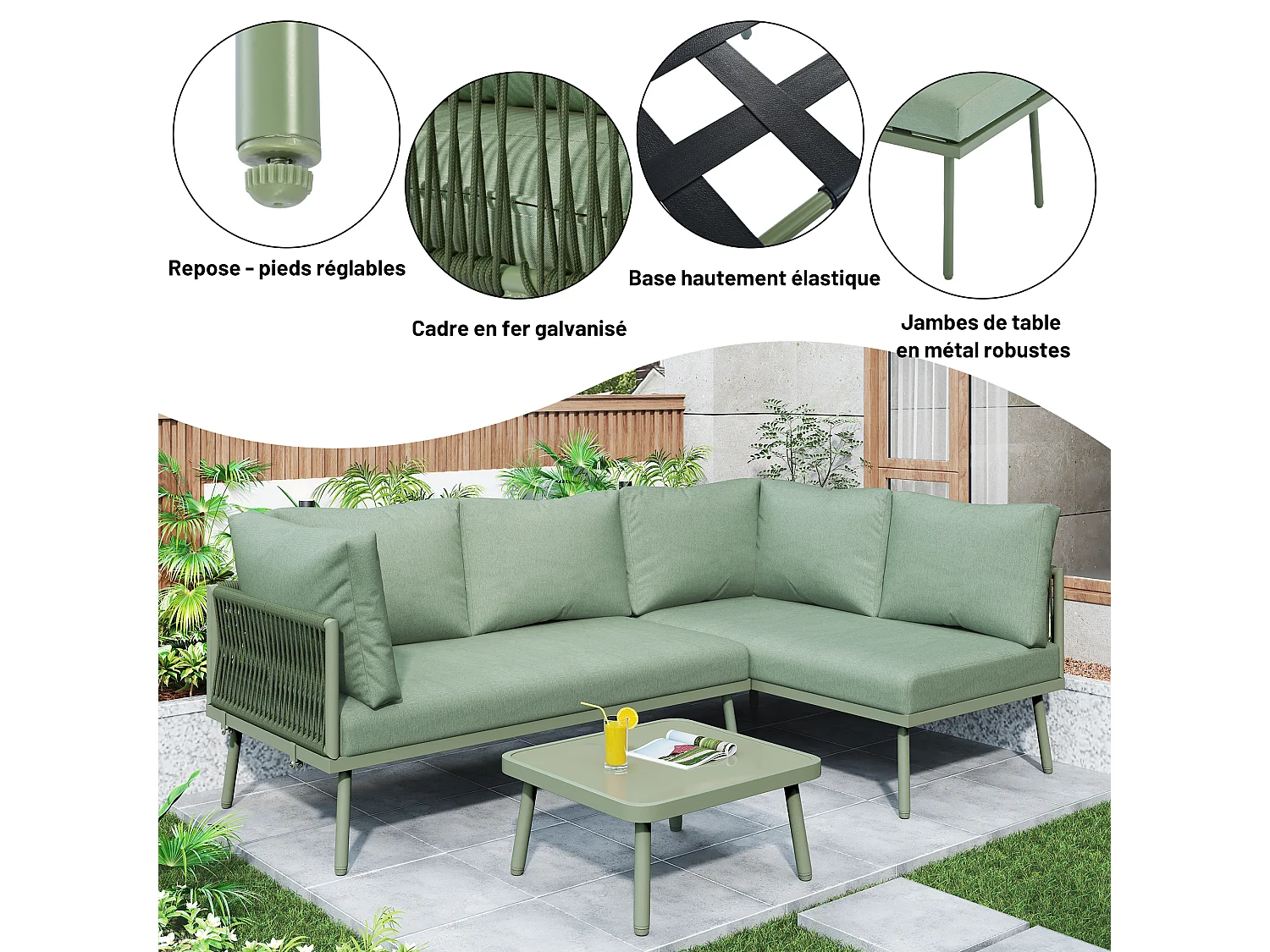 Tuin Lounge Set, L-vormige Tuinmeubelset, met Zitkussens, Verstelbare Poten, 2 Banken en 1 Tafel