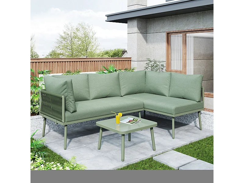 Tuin Lounge Set, L-vormige Tuinmeubelset, met Zitkussens, Verstelbare Poten, 2 Banken en 1 Tafel