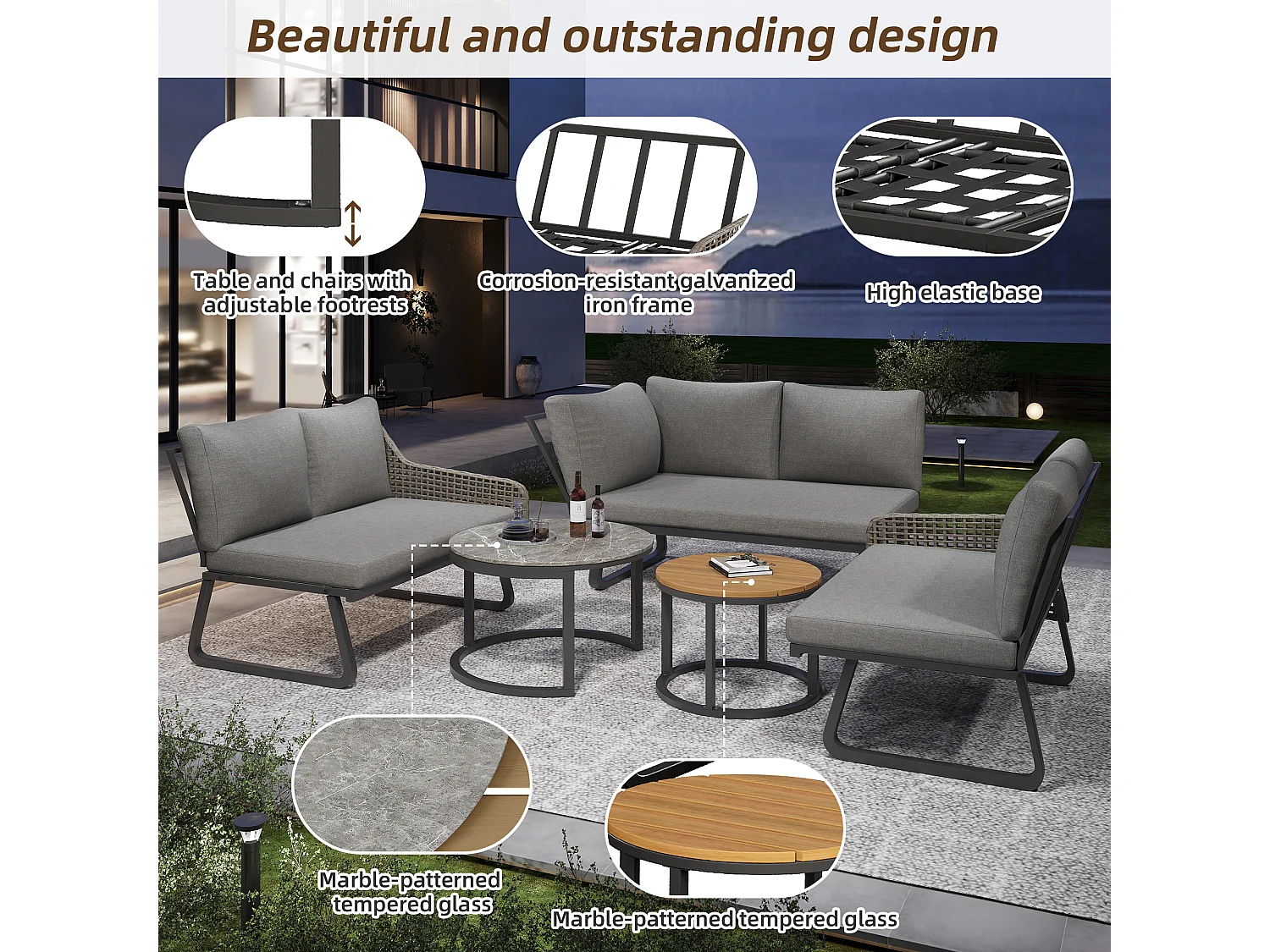 Ensemble de meubles de jardin pour 6 à 7 personnes, salon de jardin, rotin artisanal, pieds réglables, avec coussins d'assise et de dossier, gris