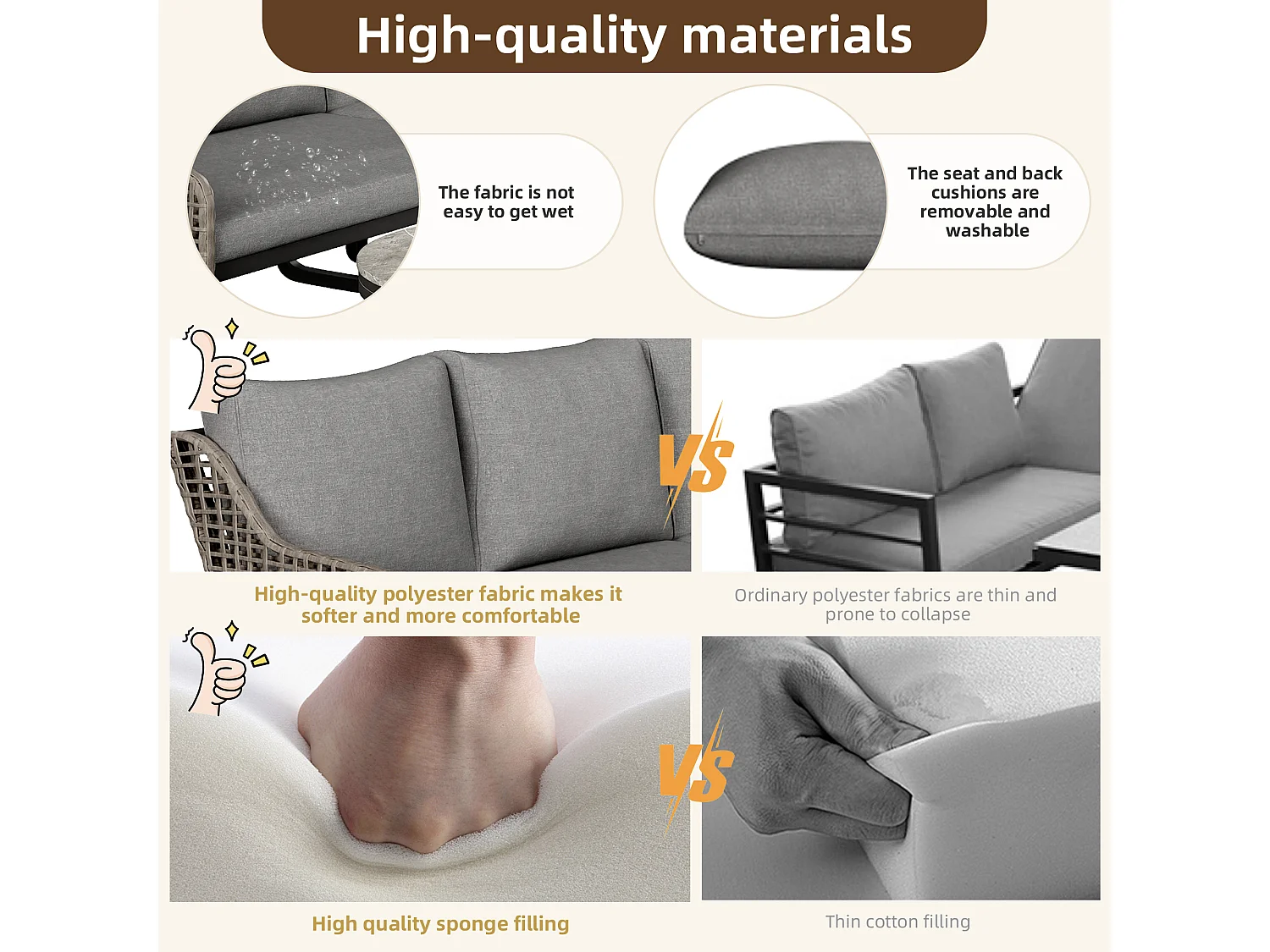 Ensemble de meubles de jardin pour 6 à 7 personnes, salon de jardin, rotin artisanal, pieds réglables, avec coussins d'assise et de dossier, gris