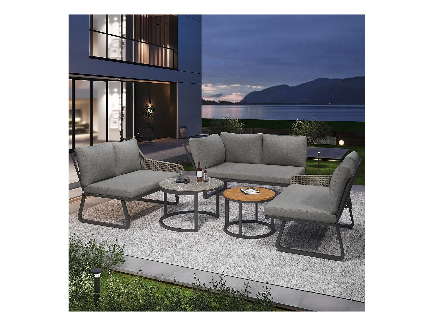 Ensemble de meubles de jardin pour 6 à 7 personnes, salon de jardin, rotin artisanal, pieds réglables, avec coussins d'assise et de dossier, gris