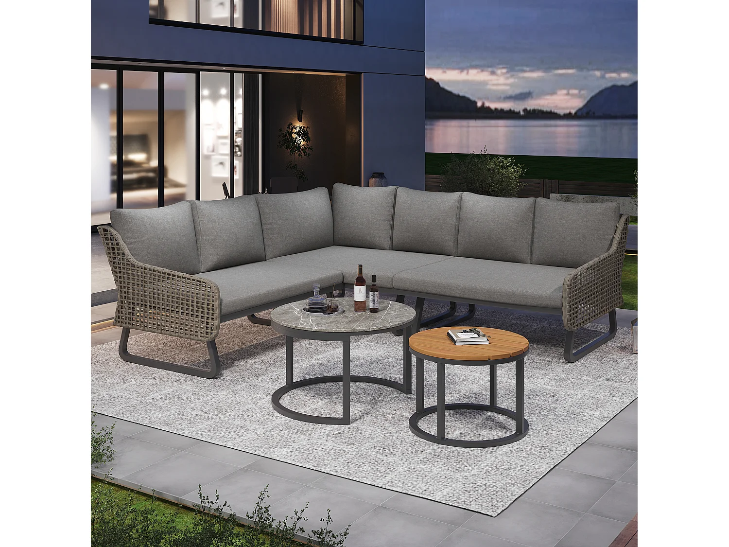 Gartenmöbel-Set für 6-7 Personen, Outdoor-Lounge-Set, Rattan-Handwerk, verstellbare Beine, mit Sitz- und Rückenkissen, grau