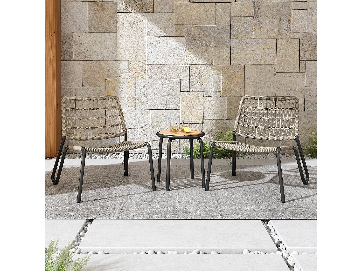 Ensemble de mobilier d'extérieur 3 pièces, mobilier de balcon, 2 chaises + 1 petite table, beige