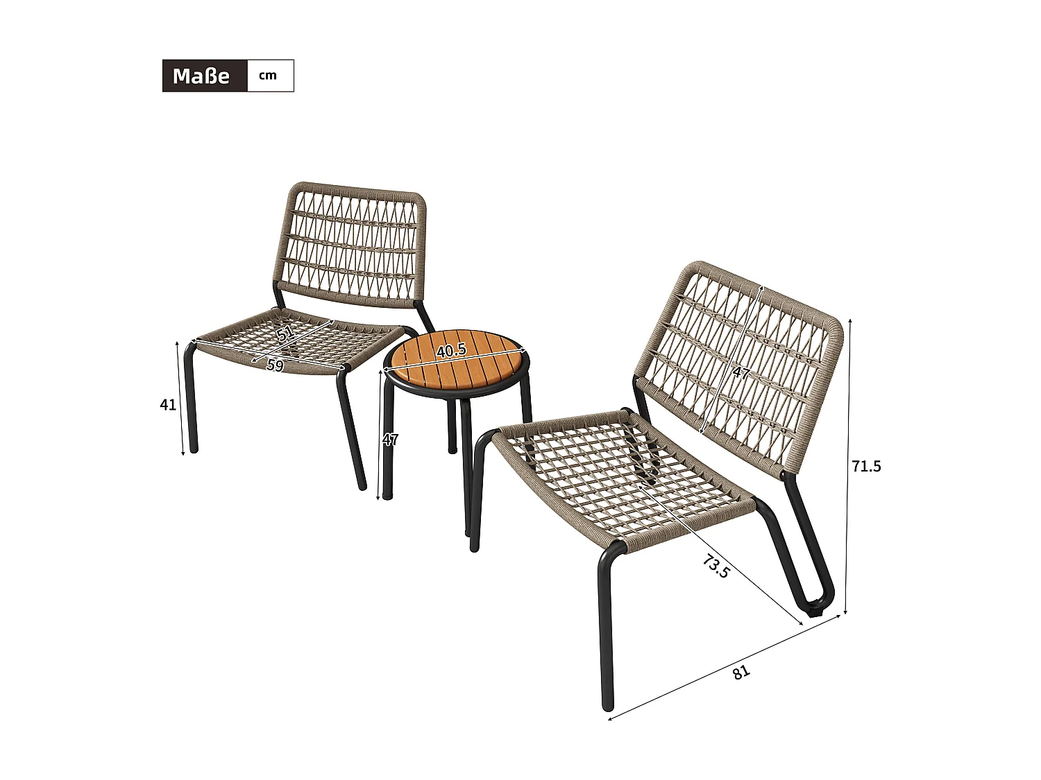Ensemble de mobilier d'extérieur 3 pièces, mobilier de balcon, 2 chaises + 1 petite table, beige