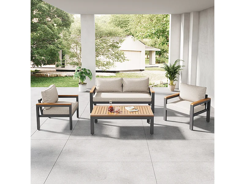 Loungeset, tuinmeubelset, (4-delige eettafelset, 1x 2-zitsbank, 2x losse stoelen, 1x tafel), acaciahouten tafelblad en armleuningen, beige