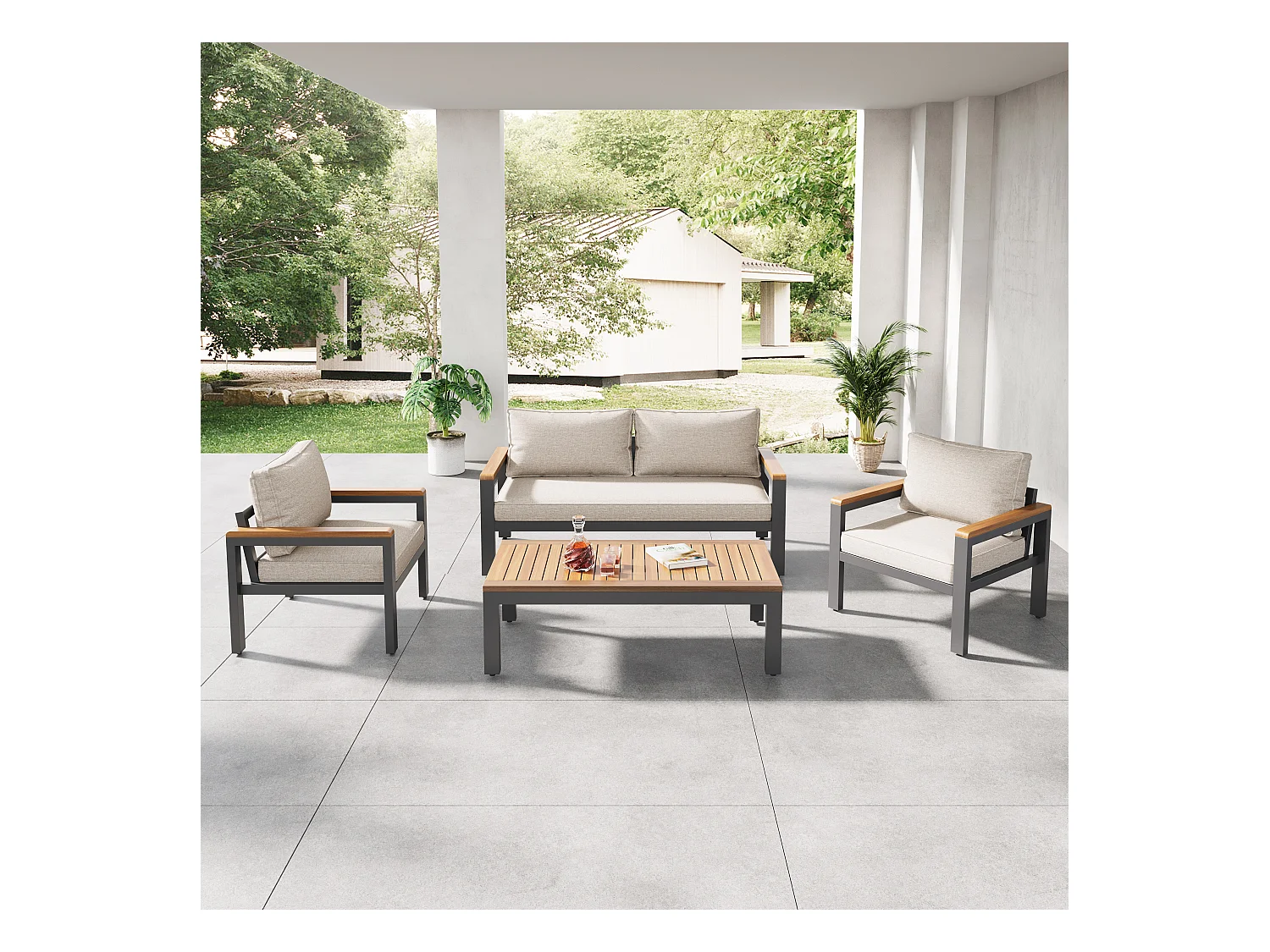 Loungeset, tuinmeubelset, (4-delige eettafelset, 1x 2-zitsbank, 2x losse stoelen, 1x tafel), acaciahouten tafelblad en armleuningen, beige