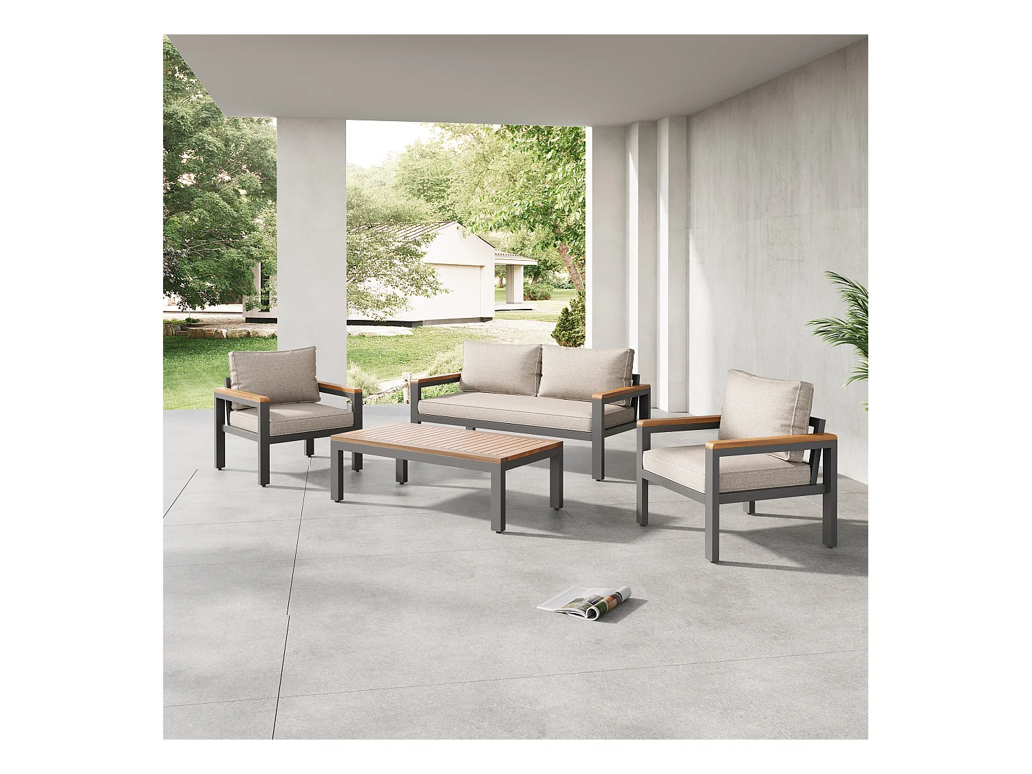 Loungeset, Gartenmöbel-Set, (4-teiliges Esstisch-Set, 1x 2-Sitzer-Sofa, 2x Einzelstühle, 1x Tisch), Akazienholz Tischplatte und Armlehnen, Beige