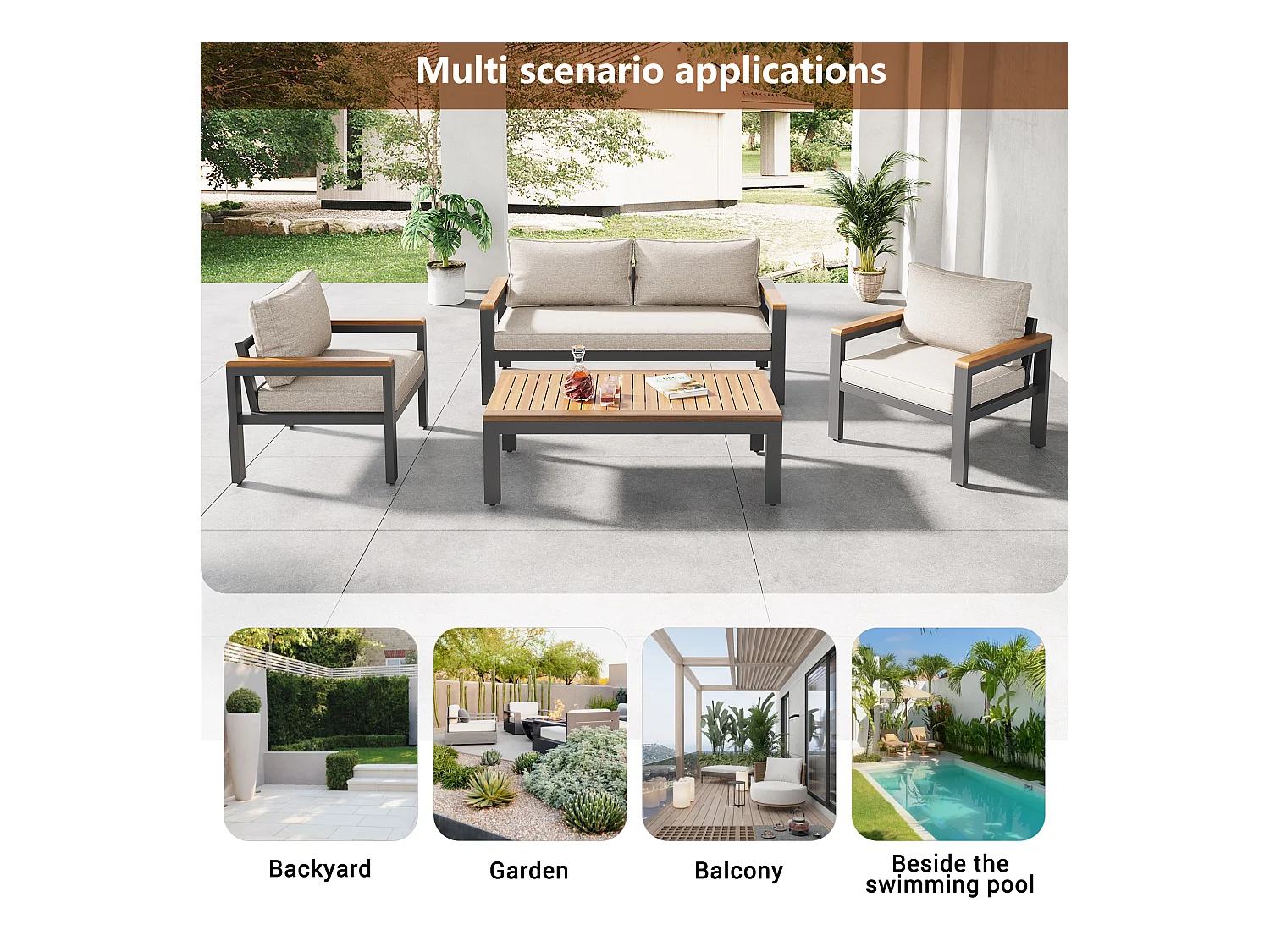 Loungeset, Gartenmöbel-Set, (4-teiliges Esstisch-Set, 1x 2-Sitzer-Sofa, 2x Einzelstühle, 1x Tisch), Akazienholz Tischplatte und Armlehnen, Beige