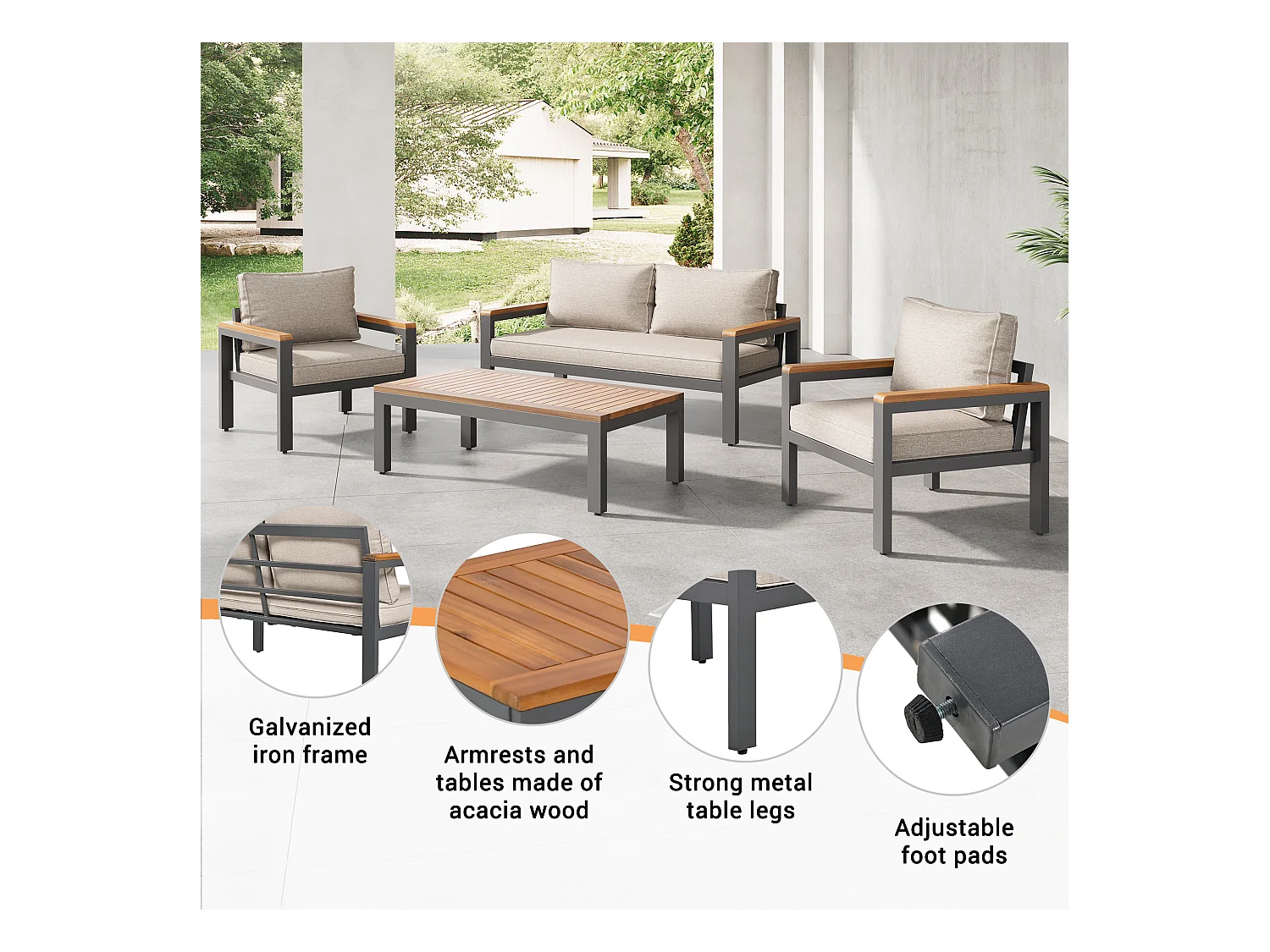 Loungeset, Gartenmöbel-Set, (4-teiliges Esstisch-Set, 1x 2-Sitzer-Sofa, 2x Einzelstühle, 1x Tisch), Akazienholz Tischplatte und Armlehnen, Beige