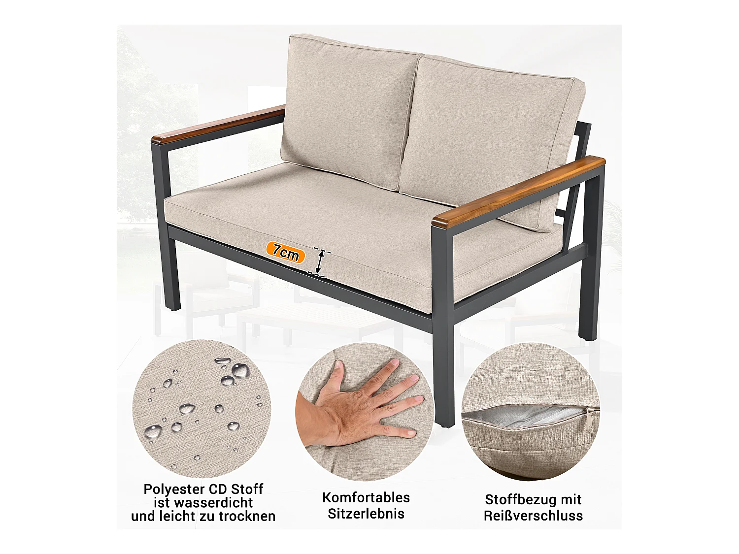 Loungeset, Gartenmöbel-Set, (4-teiliges Esstisch-Set, 1x 2-Sitzer-Sofa, 2x Einzelstühle, 1x Tisch), Akazienholz Tischplatte und Armlehnen, Beige