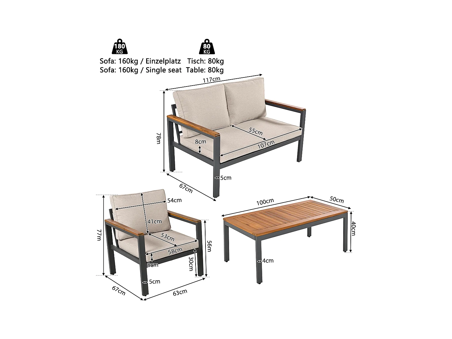 Loungeset, Gartenmöbel-Set, (4-teiliges Esstisch-Set, 1x 2-Sitzer-Sofa, 2x Einzelstühle, 1x Tisch), Akazienholz Tischplatte und Armlehnen, Beige