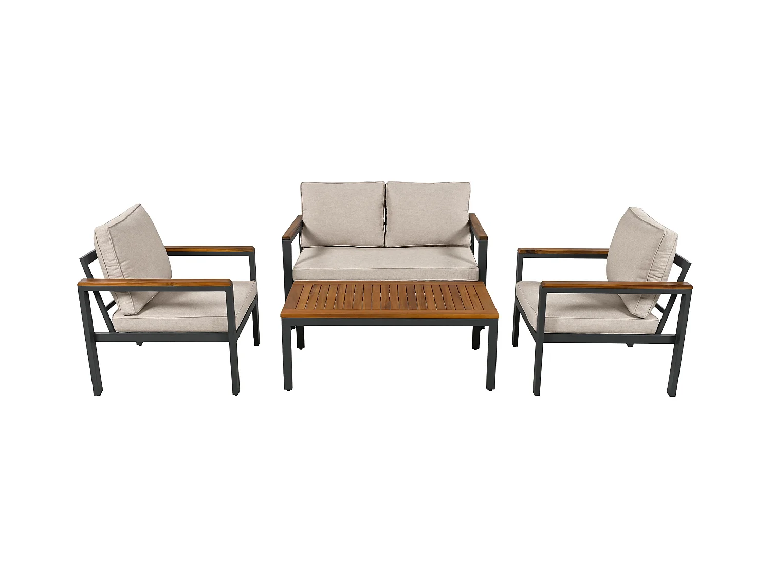 Loungeset, Gartenmöbel-Set, (4-teiliges Esstisch-Set, 1x 2-Sitzer-Sofa, 2x Einzelstühle, 1x Tisch), Akazienholz Tischplatte und Armlehnen, Beige