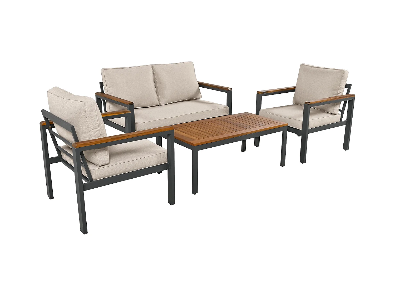 Loungeset, Gartenmöbel-Set, (4-teiliges Esstisch-Set, 1x 2-Sitzer-Sofa, 2x Einzelstühle, 1x Tisch), Akazienholz Tischplatte und Armlehnen, Beige