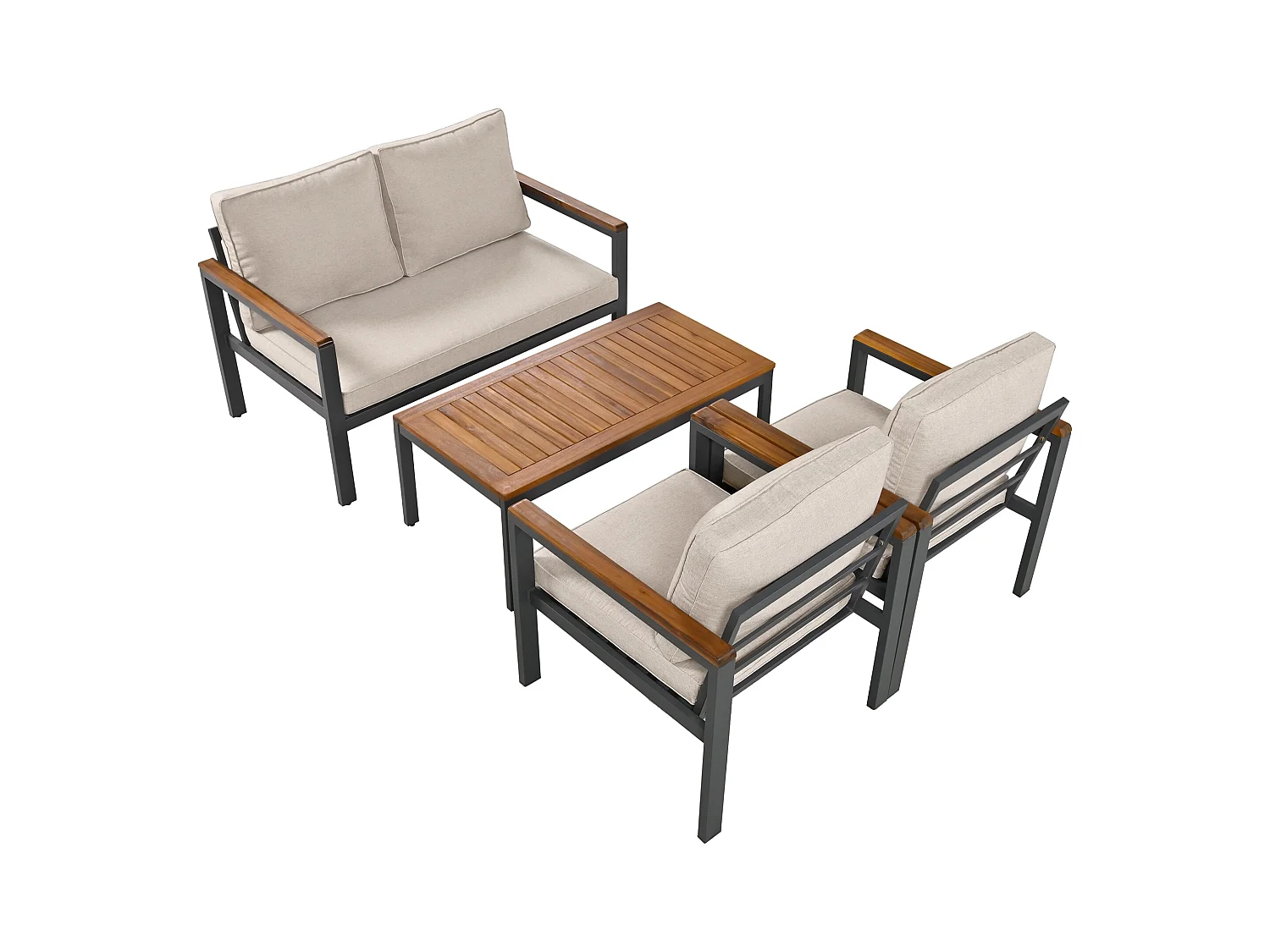 Loungeset, Gartenmöbel-Set, (4-teiliges Esstisch-Set, 1x 2-Sitzer-Sofa, 2x Einzelstühle, 1x Tisch), Akazienholz Tischplatte und Armlehnen, Beige