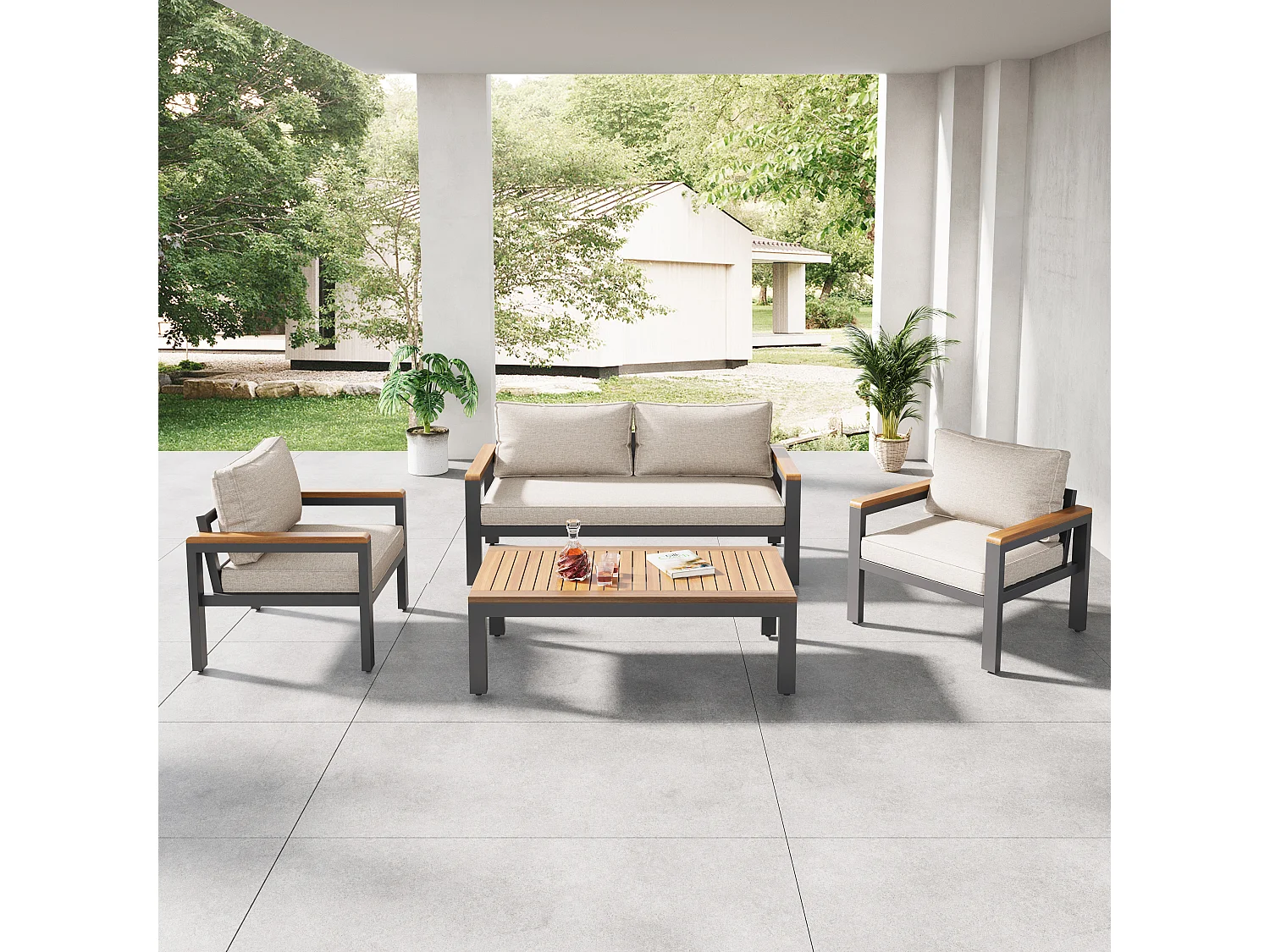 Loungeset, tuinmeubelset, (4-delige eettafelset, 1x 2-zitsbank, 2x losse stoelen, 1x tafel), acaciahouten tafelblad en armleuningen, beige