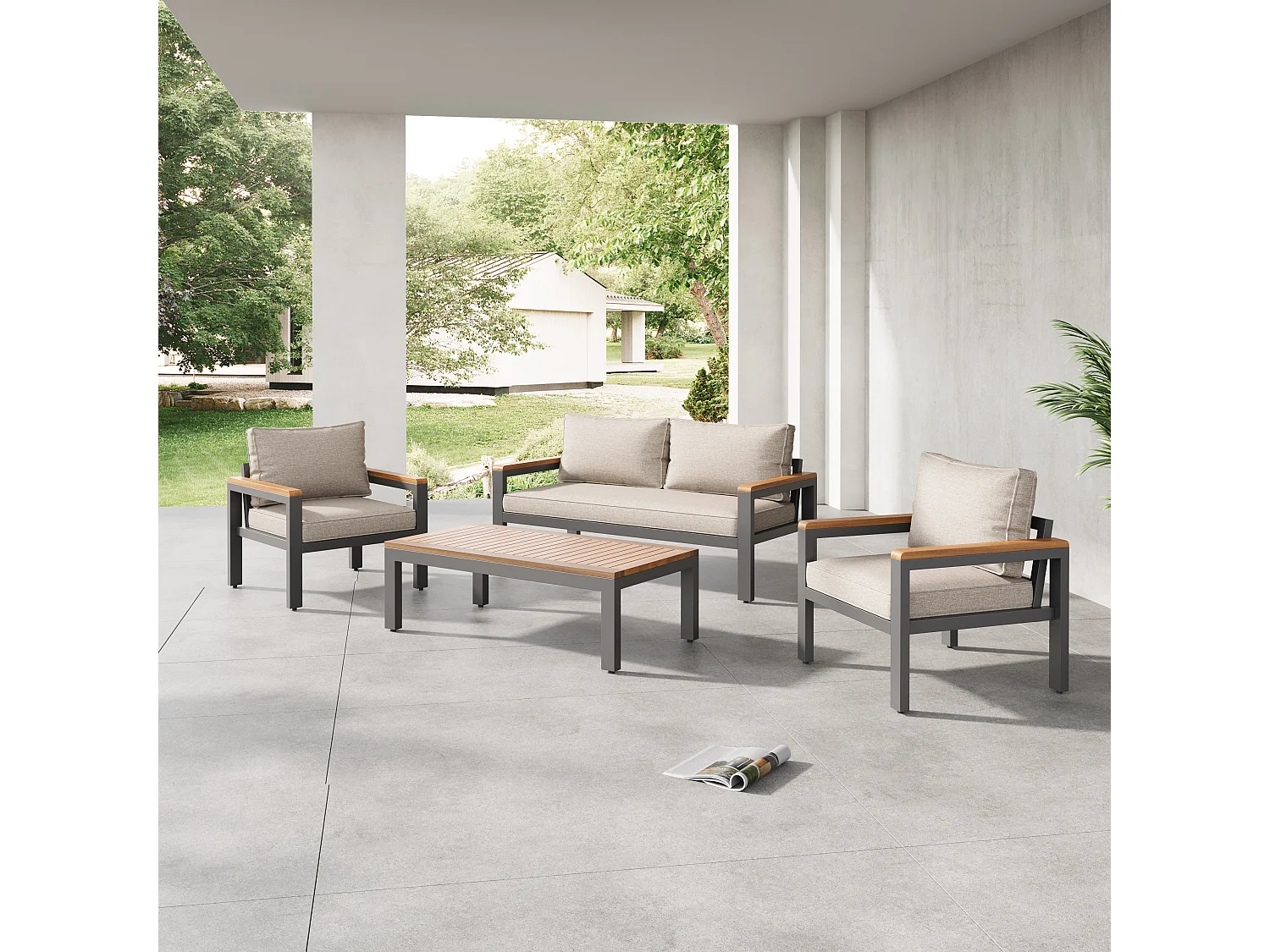 Loungeset, tuinmeubelset, (4-delige eettafelset, 1x 2-zitsbank, 2x losse stoelen, 1x tafel), acaciahouten tafelblad en armleuningen, beige