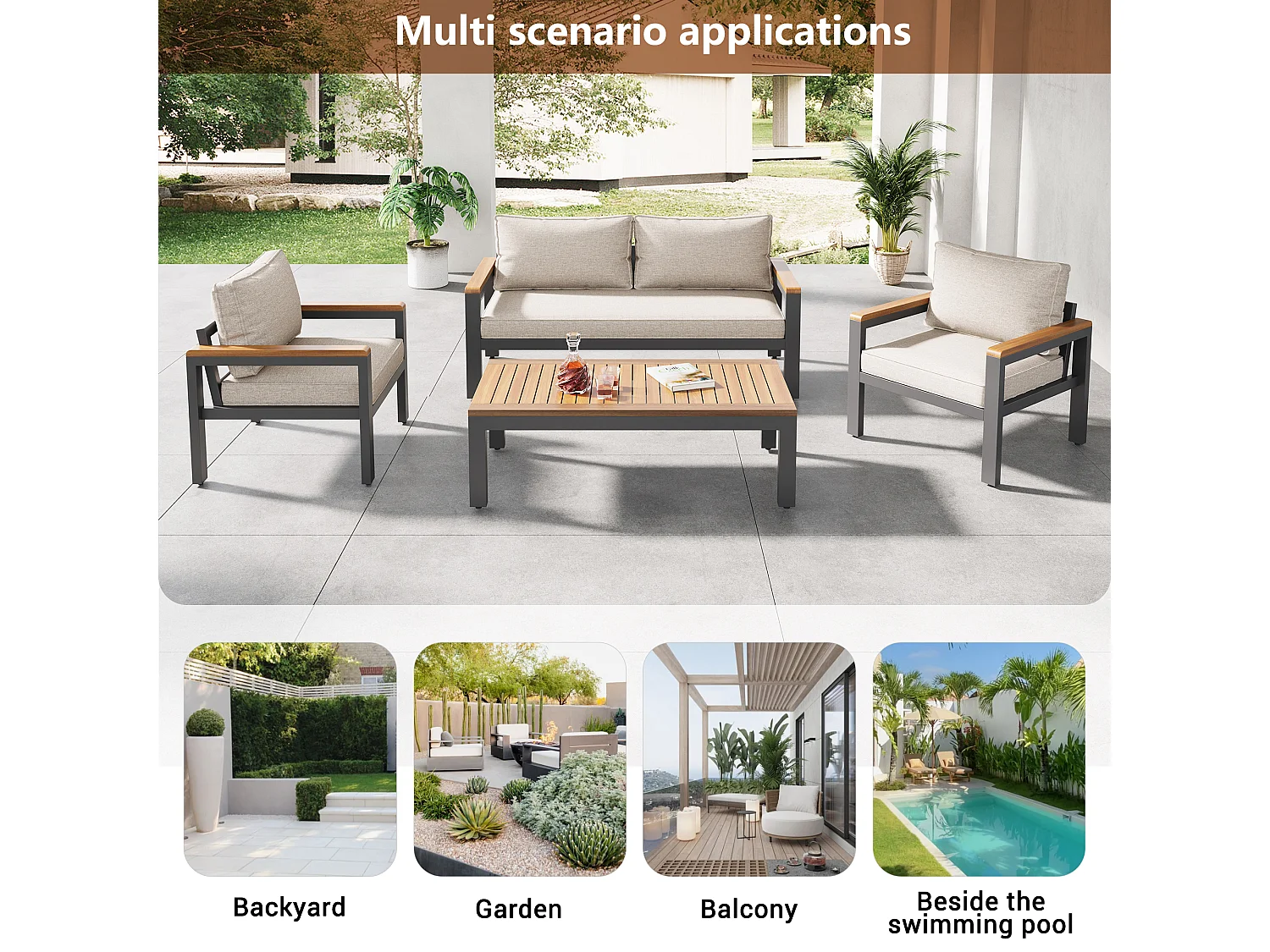 Loungeset, tuinmeubelset, (4-delige eettafelset, 1x 2-zitsbank, 2x losse stoelen, 1x tafel), acaciahouten tafelblad en armleuningen, beige