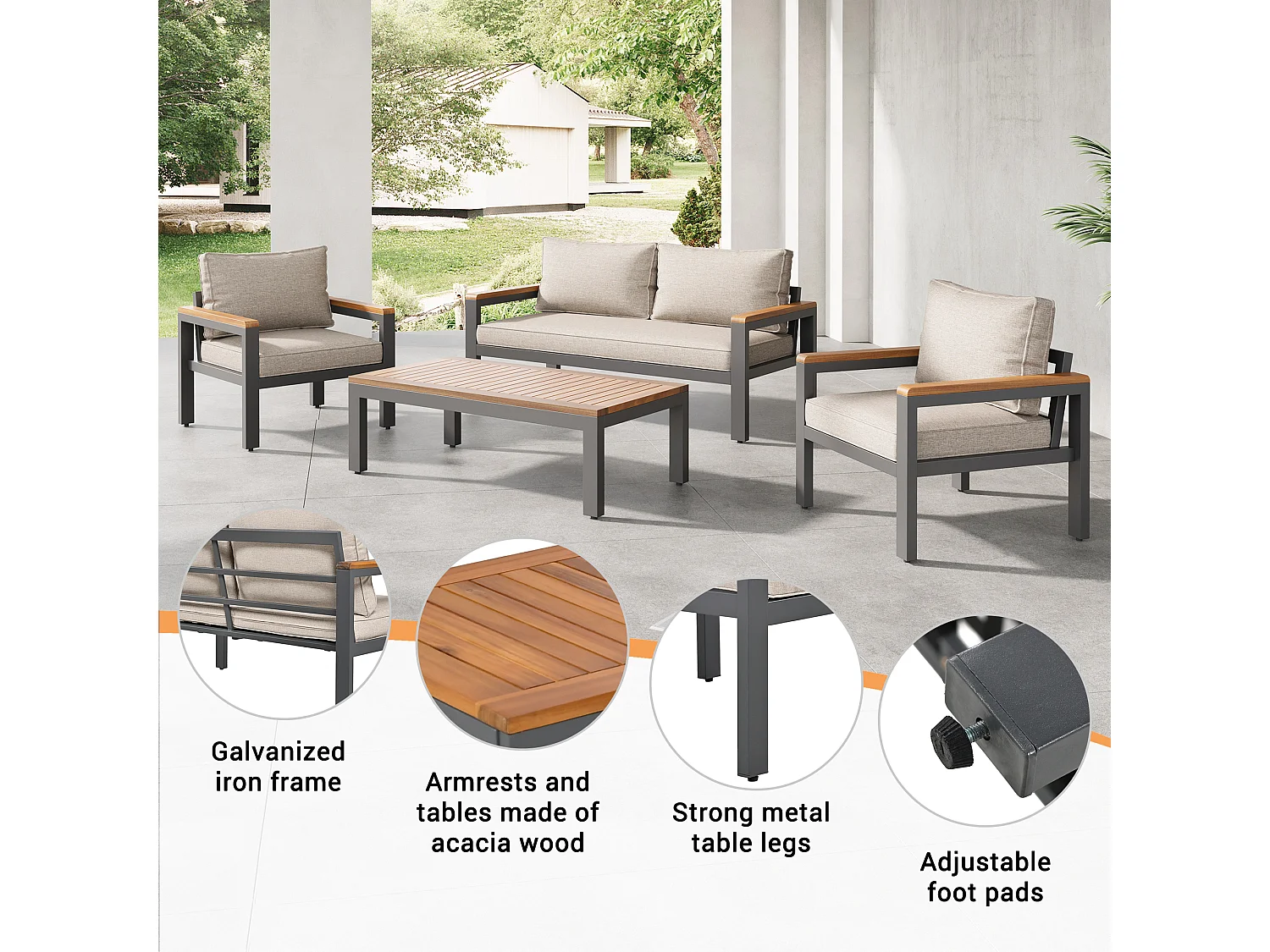 Loungeset, tuinmeubelset, (4-delige eettafelset, 1x 2-zitsbank, 2x losse stoelen, 1x tafel), acaciahouten tafelblad en armleuningen, beige