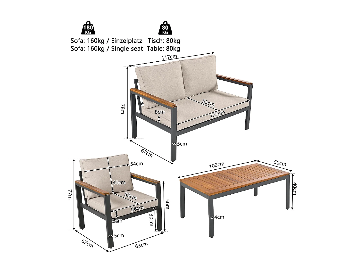 Loungeset, tuinmeubelset, (4-delige eettafelset, 1x 2-zitsbank, 2x losse stoelen, 1x tafel), acaciahouten tafelblad en armleuningen, beige