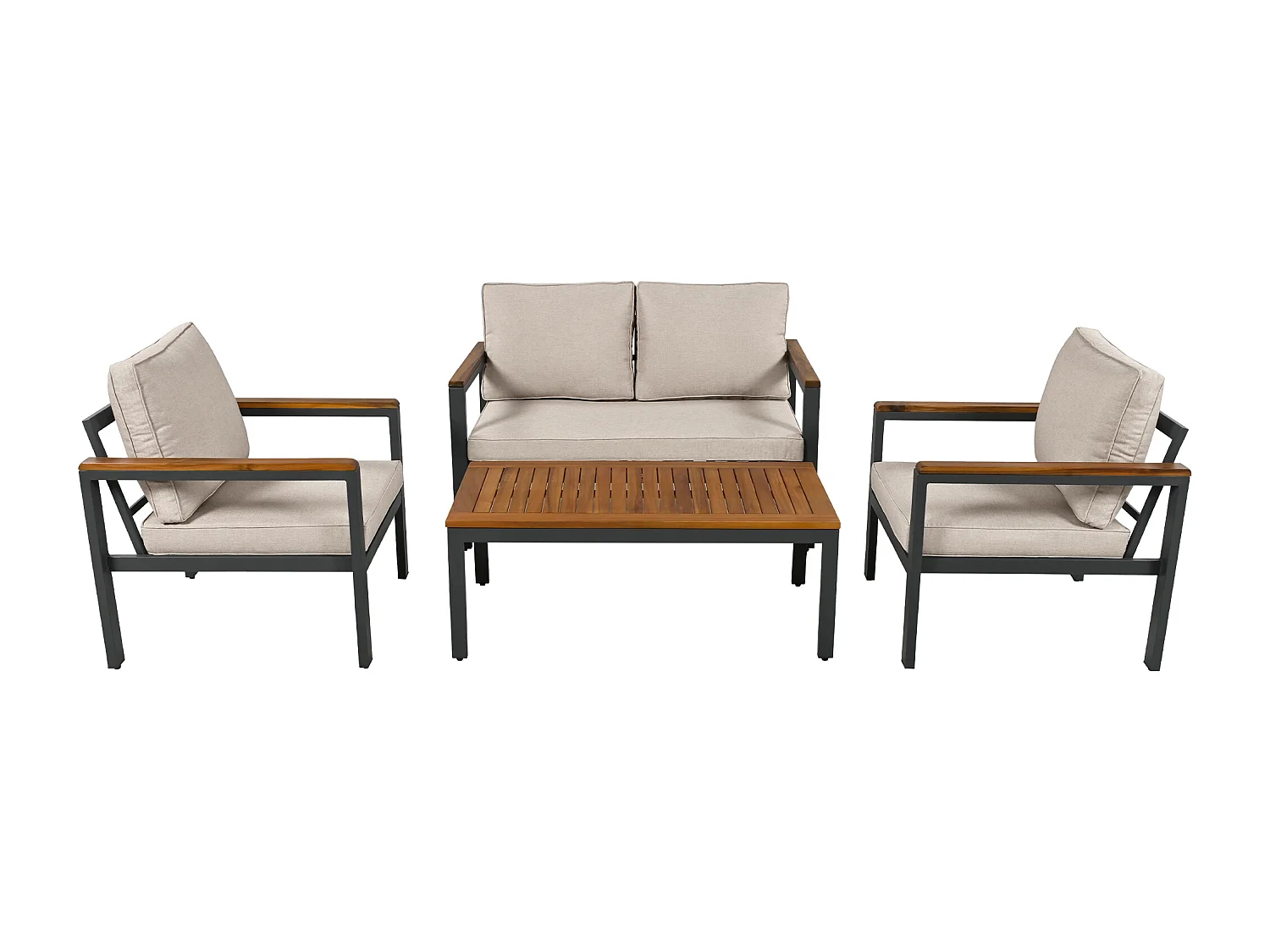 Loungeset, tuinmeubelset, (4-delige eettafelset, 1x 2-zitsbank, 2x losse stoelen, 1x tafel), acaciahouten tafelblad en armleuningen, beige