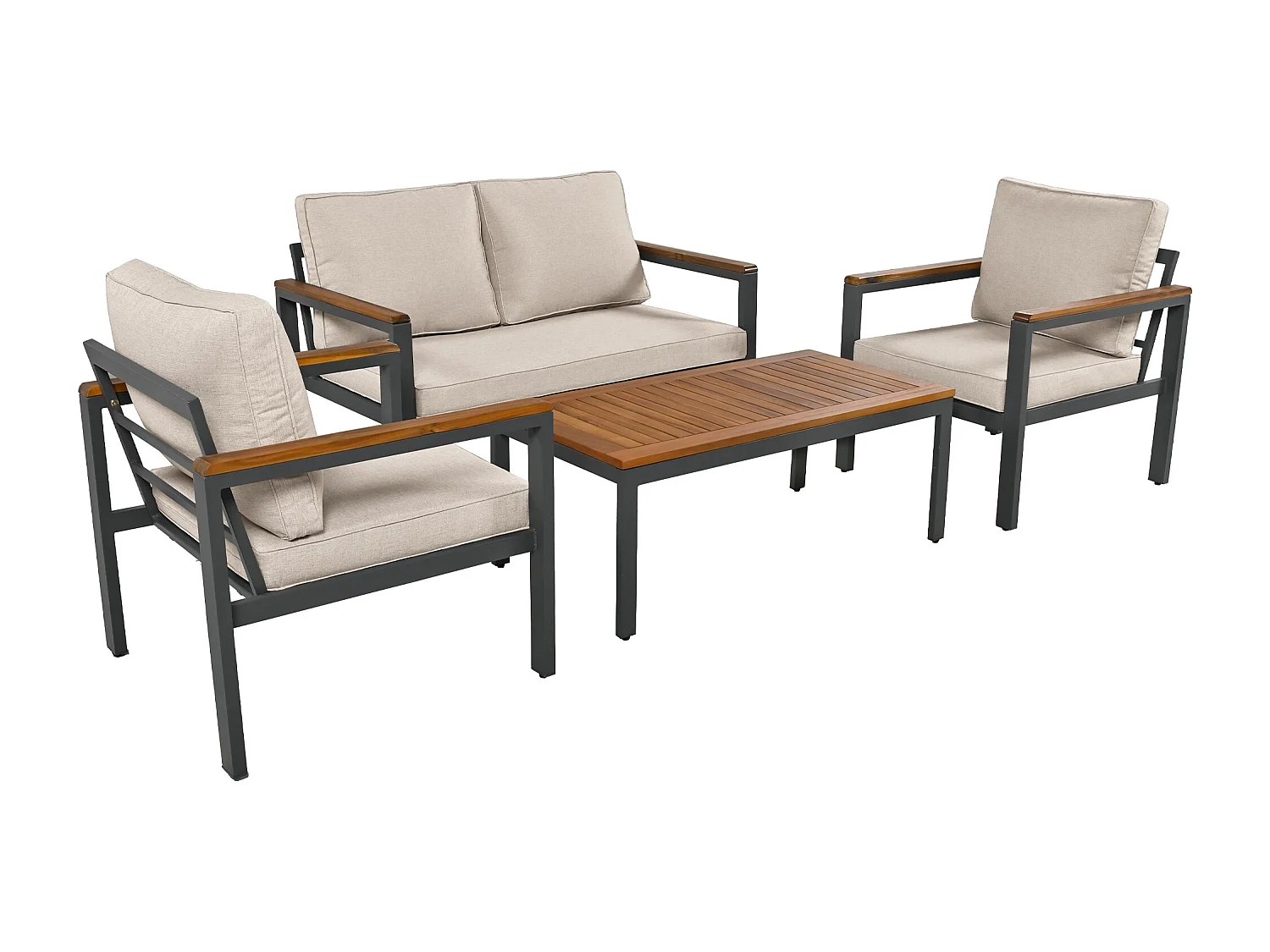 Loungeset, tuinmeubelset, (4-delige eettafelset, 1x 2-zitsbank, 2x losse stoelen, 1x tafel), acaciahouten tafelblad en armleuningen, beige