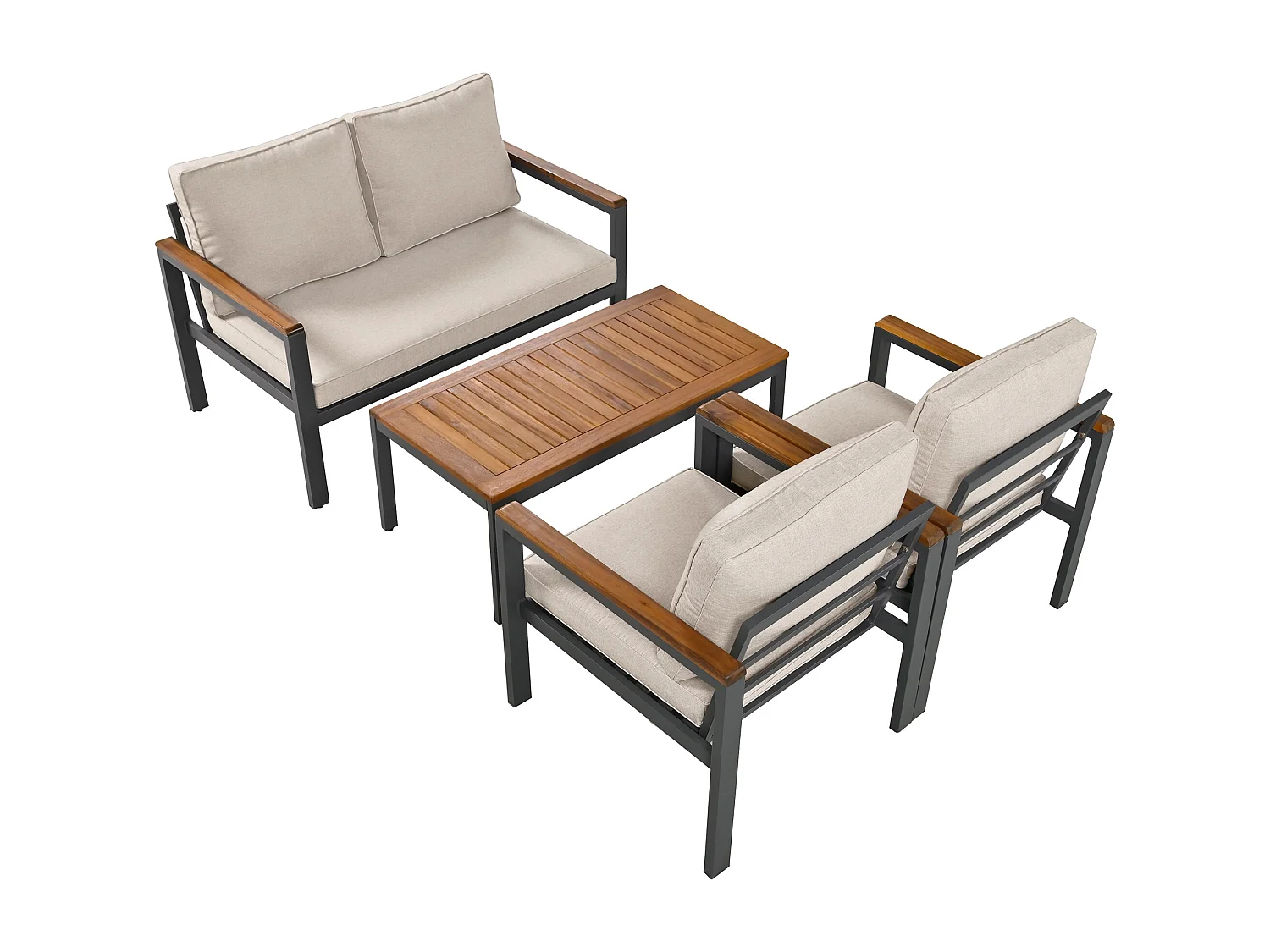 Loungeset, tuinmeubelset, (4-delige eettafelset, 1x 2-zitsbank, 2x losse stoelen, 1x tafel), acaciahouten tafelblad en armleuningen, beige