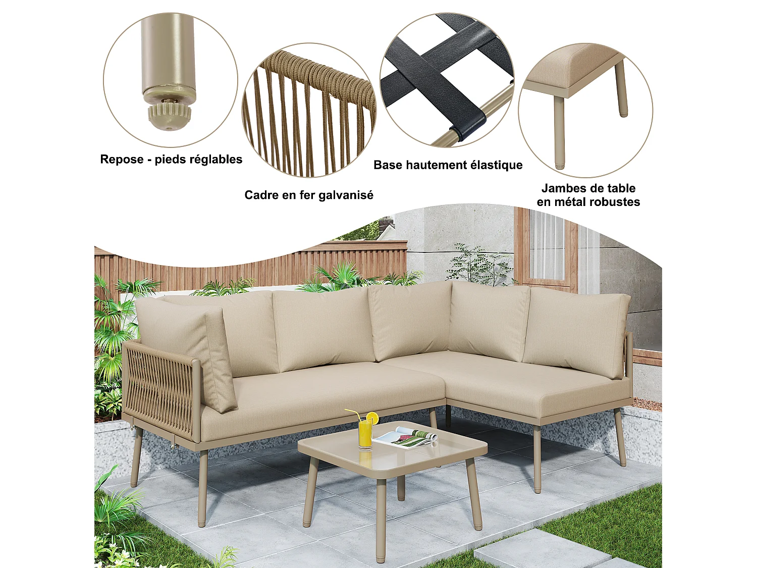 Conjunto de Lounge de Jardim, Conjunto de Móveis de Jardim em L, Conjunto de Lounge, Pés Ajustáveis, 2 Sofás e 1 Mesa, Caqui