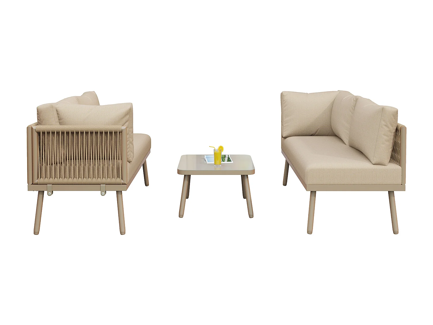 Conjunto de Lounge de Jardim, Conjunto de Móveis de Jardim em L, Conjunto de Lounge, Pés Ajustáveis, 2 Sofás e 1 Mesa, Caqui