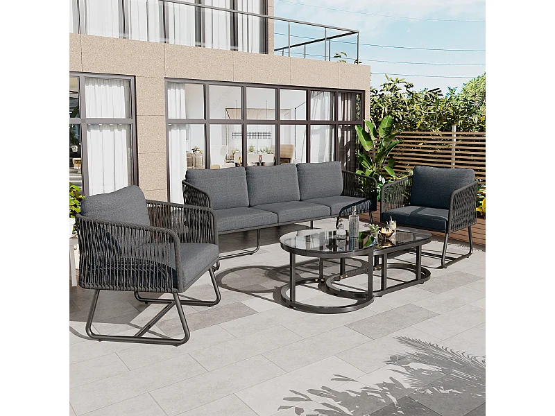 Set da giardino, set di mobili da giardino, piedini regolabili, set da 5, con cuscini per seduta e schienale