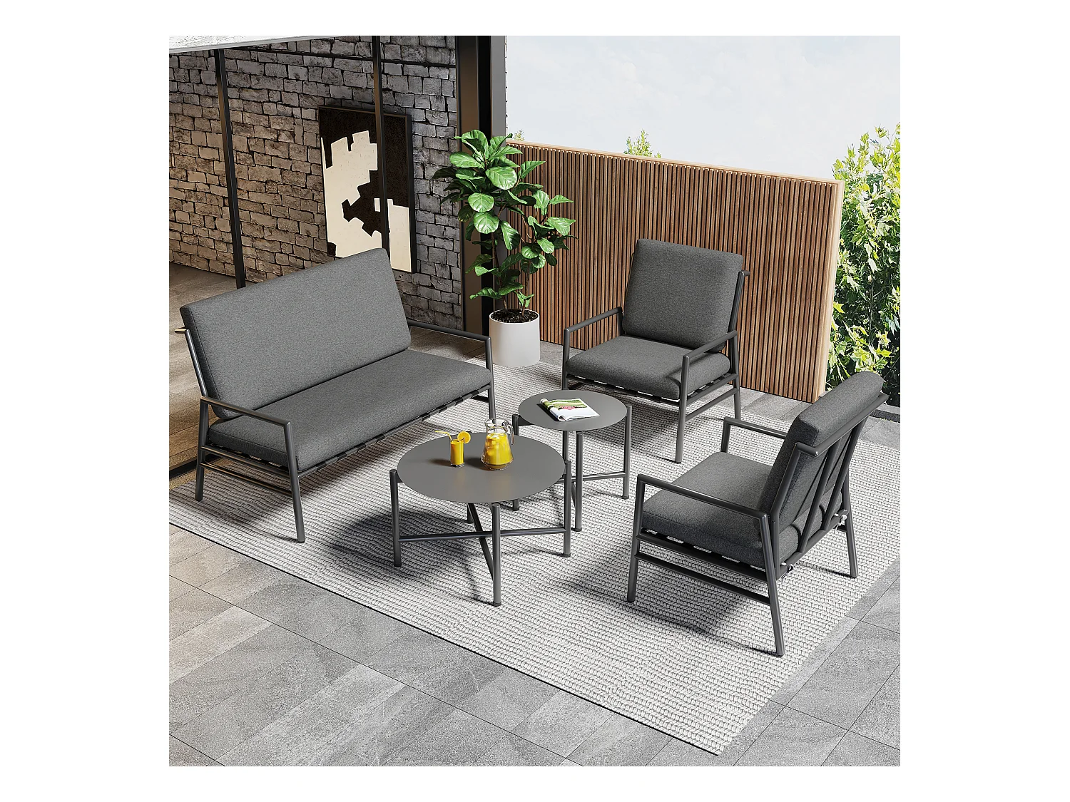 Ensemble de canapé d'extérieur 4 pièces, 4 places + 2 tables basses rondes, coussins amovibles et lavables, gris