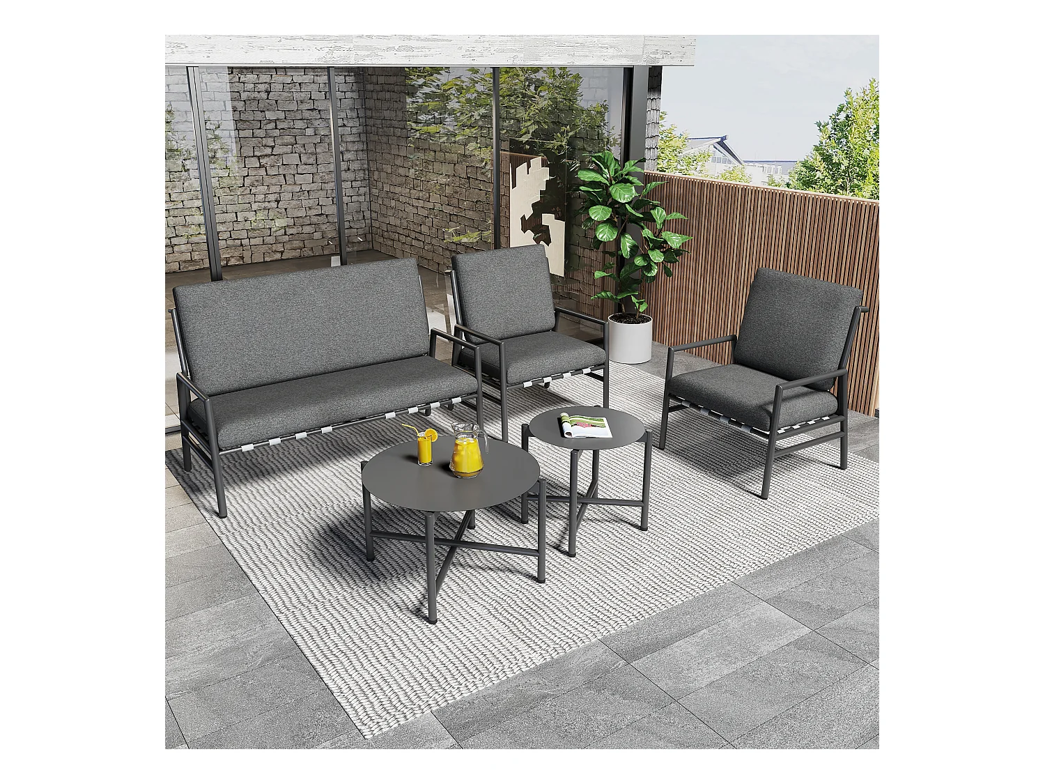 Ensemble de canapé d'extérieur 4 pièces, 4 places + 2 tables basses rondes, coussins amovibles et lavables, gris