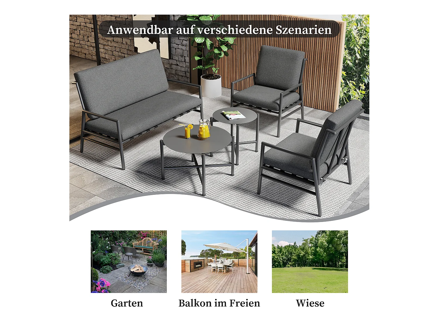 Ensemble de canapé d'extérieur 4 pièces, 4 places + 2 tables basses rondes, coussins amovibles et lavables, gris