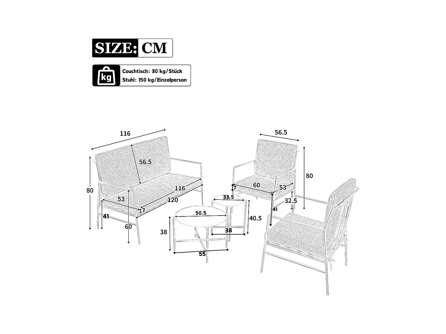 Ensemble de canapé d'extérieur 4 pièces, 4 places + 2 tables basses rondes, coussins amovibles et lavables, gris