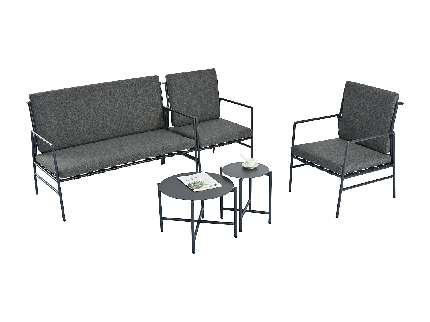 Ensemble de canapé d'extérieur 4 pièces, 4 places + 2 tables basses rondes, coussins amovibles et lavables, gris