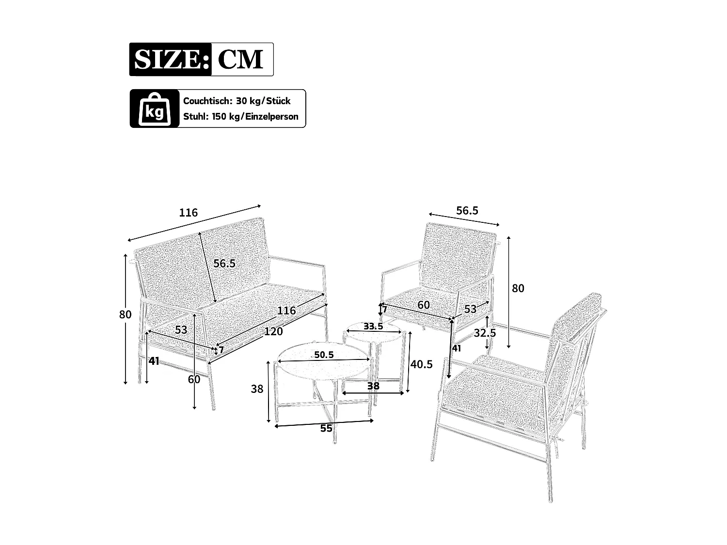 Ensemble de canapé d'extérieur 4 pièces, 4 places + 2 tables basses rondes, coussins amovibles et lavables, gris