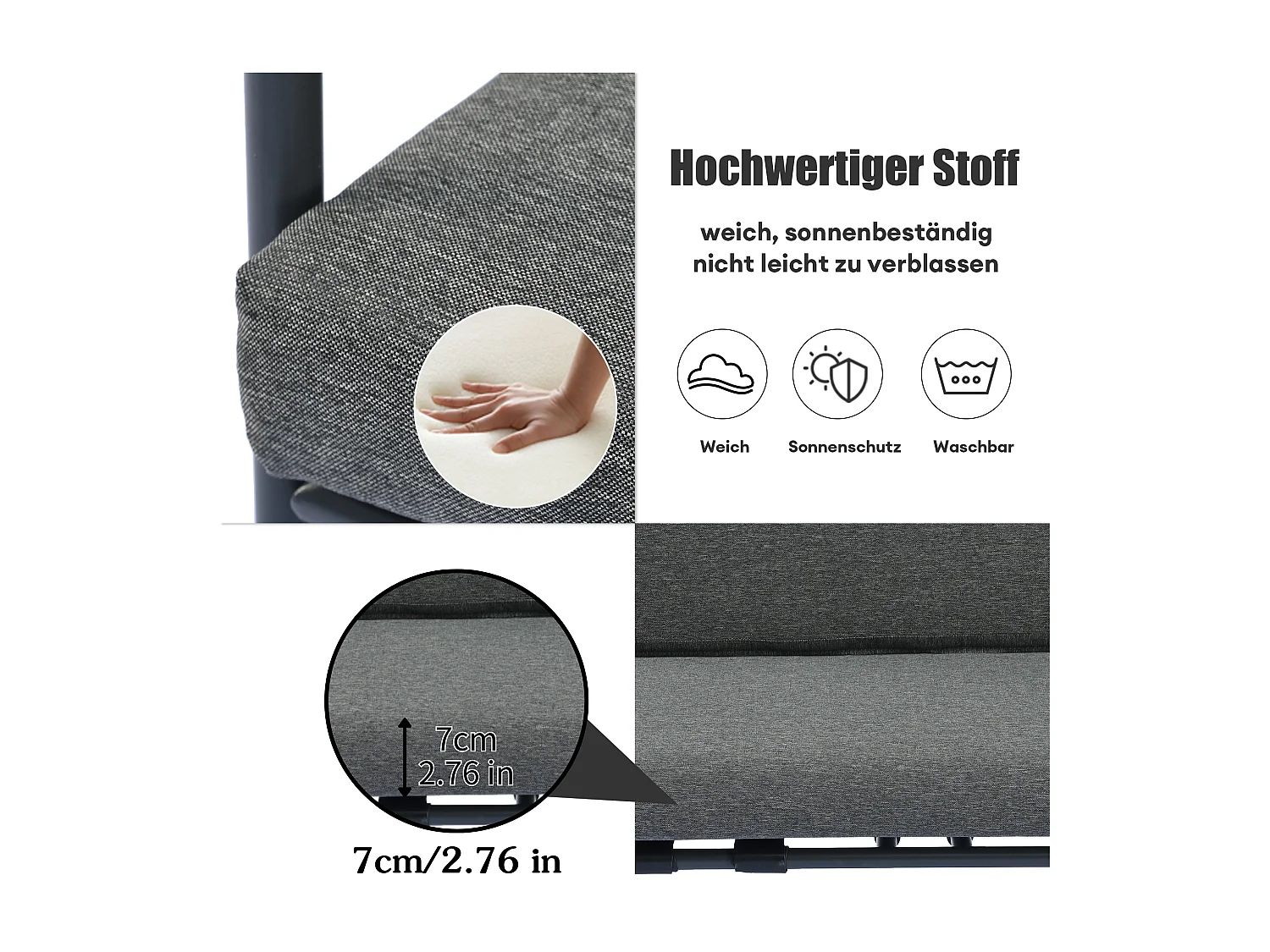 4-delige tuinbankset, 4 zitplaatsen + 2 ronde salontafels, afneembare en wasbare kussens, grijs