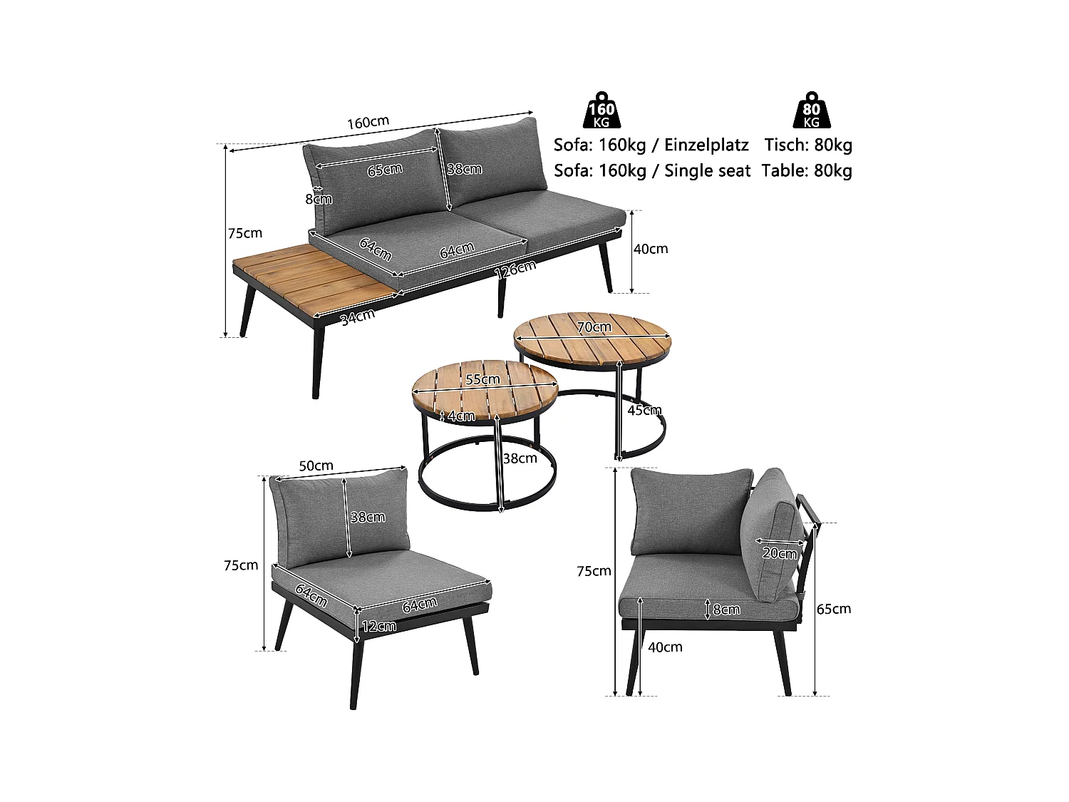 Set da giardino per 5-6 persone, mobili da giardino, terrazza balcone giardino interno esterno, set da pranzo 6 pezzi, (2x divano, 2x poltrone singole, 2x tavolo)