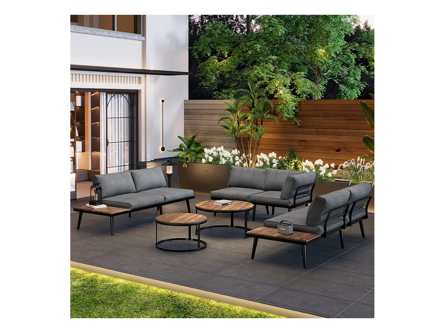 Tuinloungeset voor 5-6 personen, tuinmeubilair, terras balkon tuin binnen buiten, eetset 6-delig, (2x bank, 2x losse fauteuils, 2x tafel)