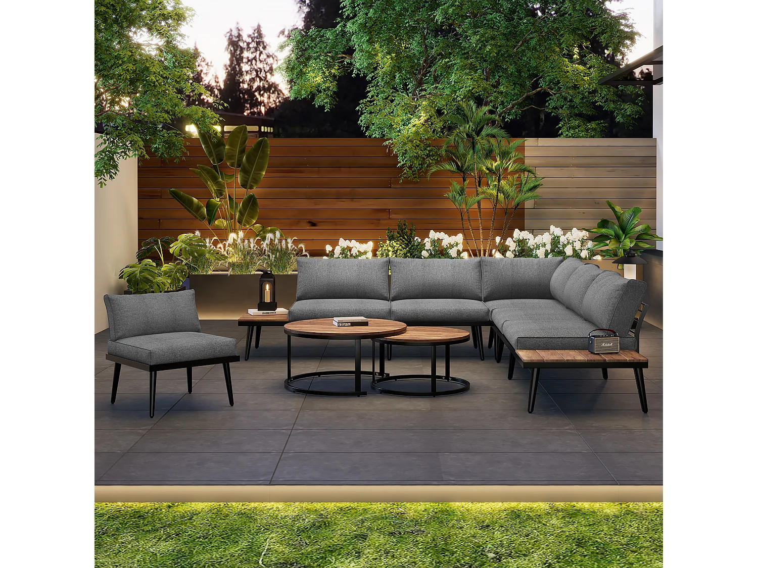 Tuinloungeset voor 5-6 personen, tuinmeubilair, terras balkon tuin binnen buiten, eetset 6-delig, (2x bank, 2x losse fauteuils, 2x tafel)