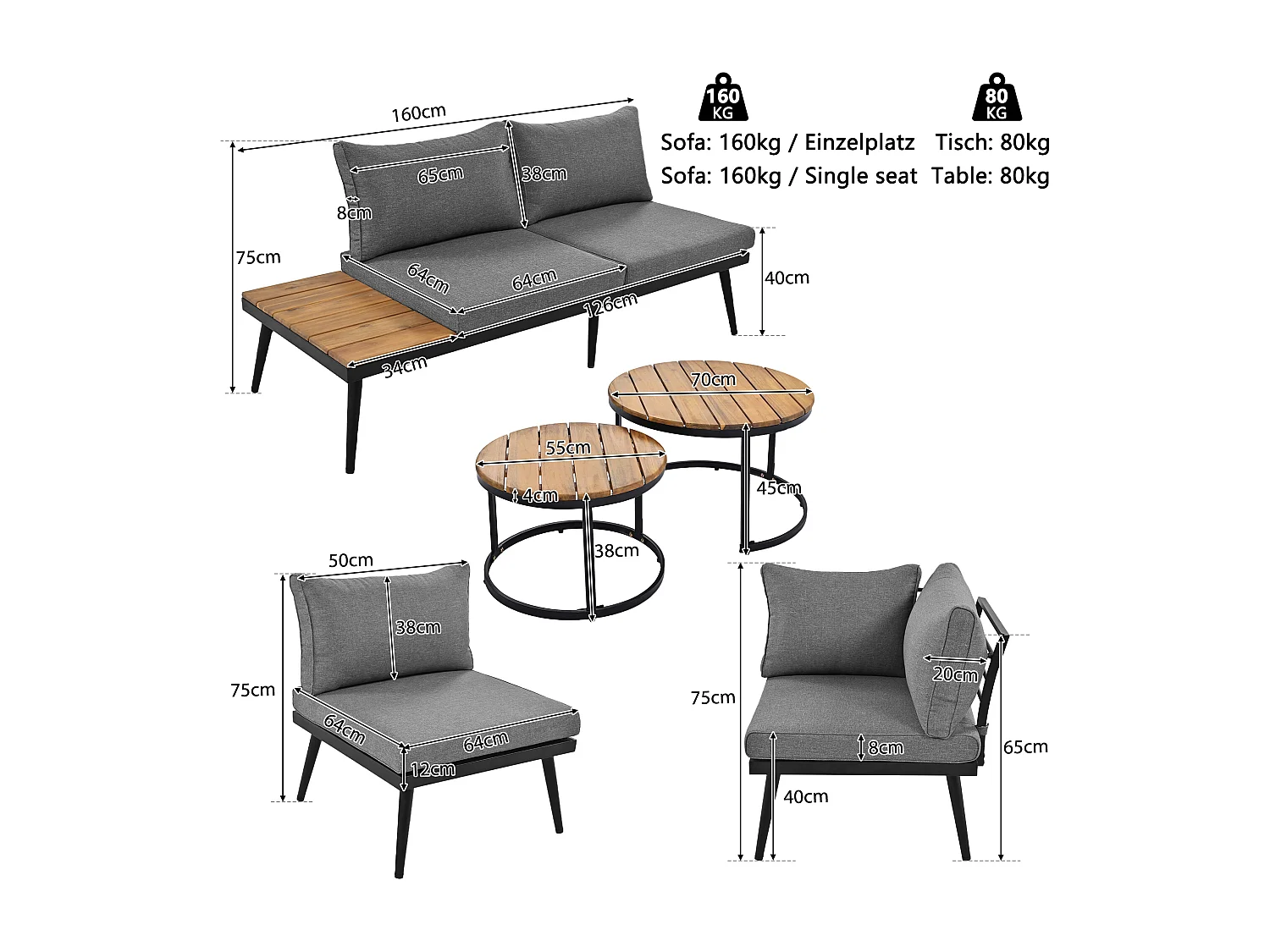 Tuinloungeset voor 5-6 personen, tuinmeubilair, terras balkon tuin binnen buiten, eetset 6-delig, (2x bank, 2x losse fauteuils, 2x tafel)