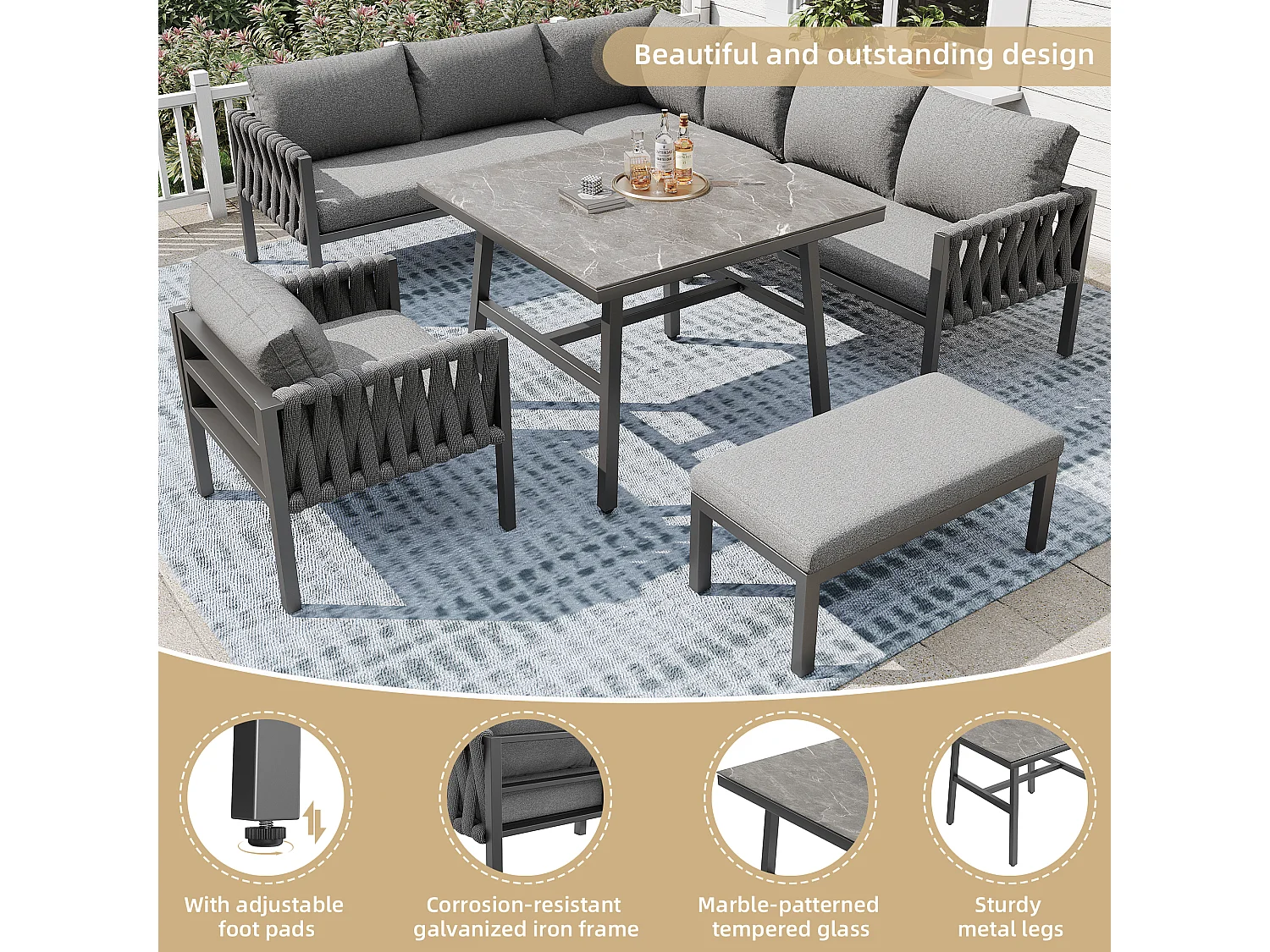 Conjunto de mobiliário de jardim, conjunto de mobiliário de jardim em corda, pernas ajustáveis, sofá de canto, com almofadas de assento e encosto, cinzento