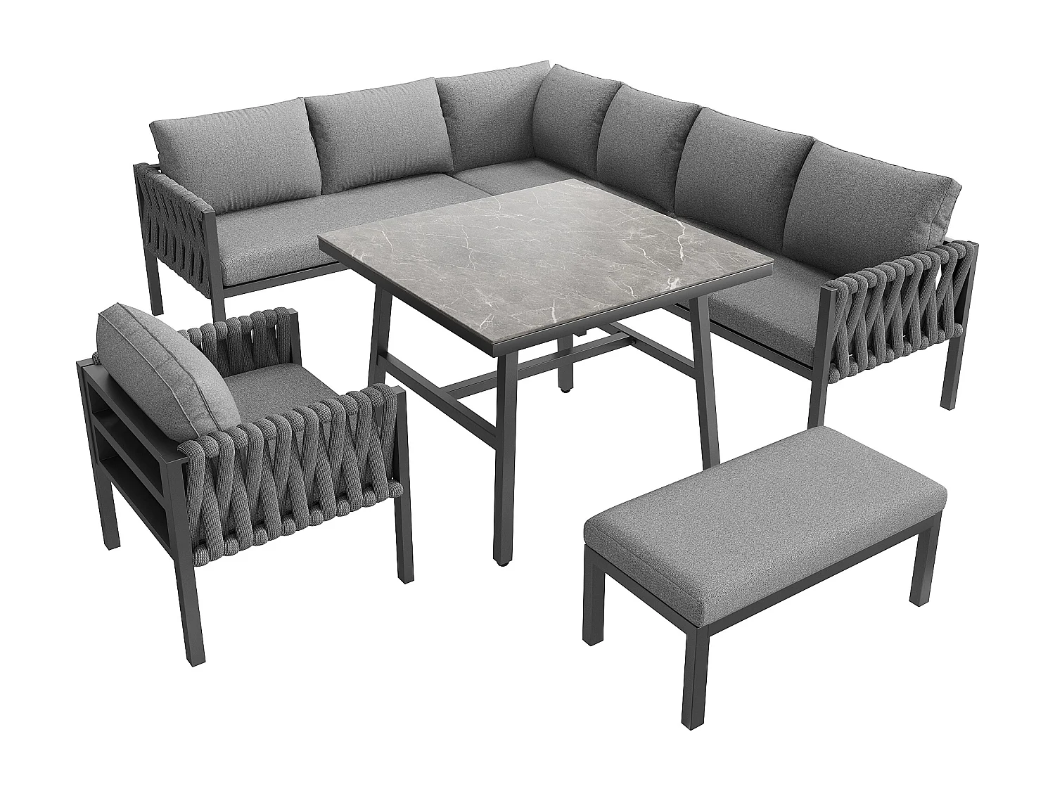 Conjunto de mobiliário de jardim, conjunto de mobiliário de jardim em corda, pernas ajustáveis, sofá de canto, com almofadas de assento e encosto, cinzento